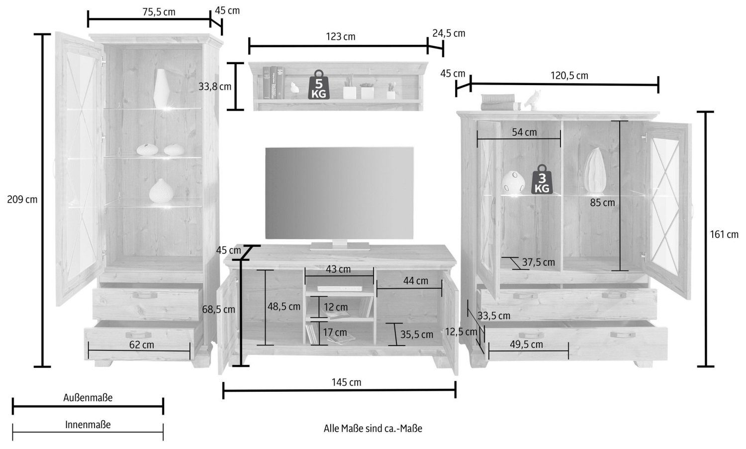 möbel-direkt.de Wohnwand Nepal, (Komplett Set, 4-St., Standvitrine + Hochkommode + Wandboard + TV- Schrank), inklusive Beleuchtung