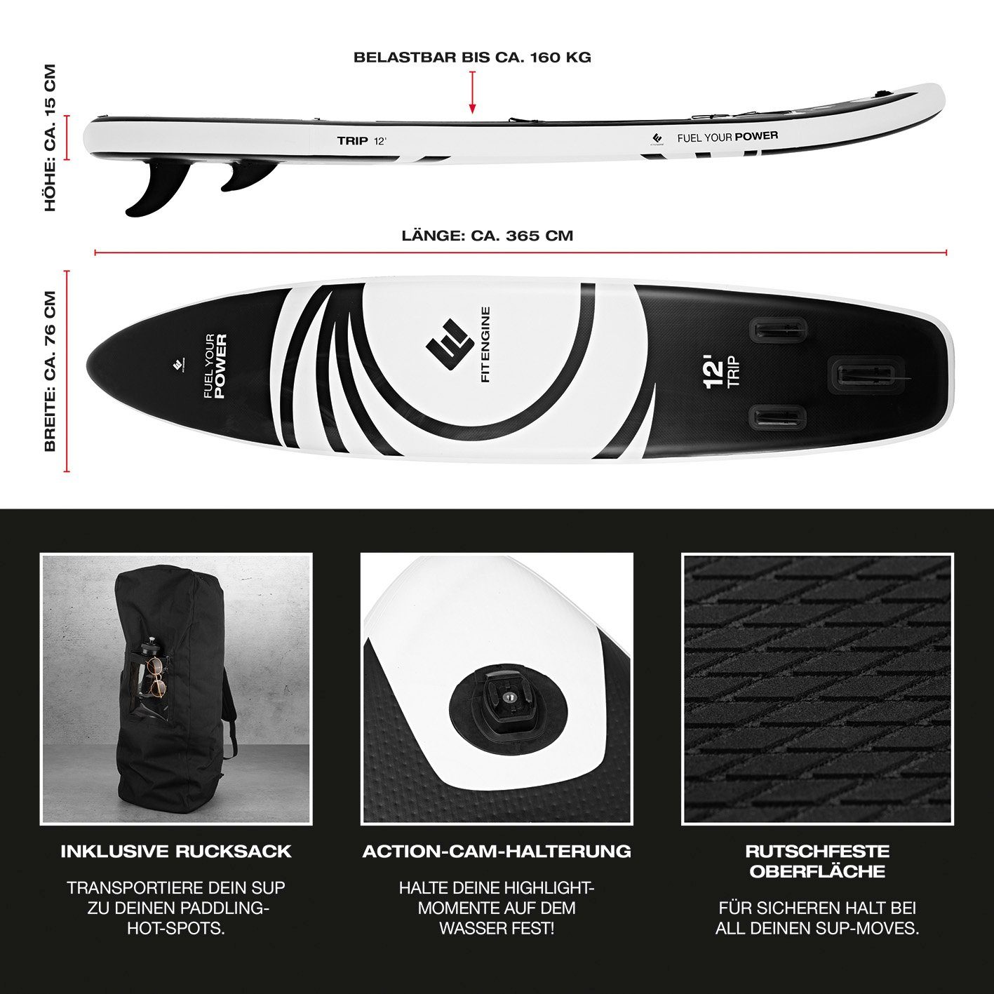 FitEngine Inflatable SUP-Board Stand Up Paddle, extra Groß stabil 365cm 160kg aufblasbar