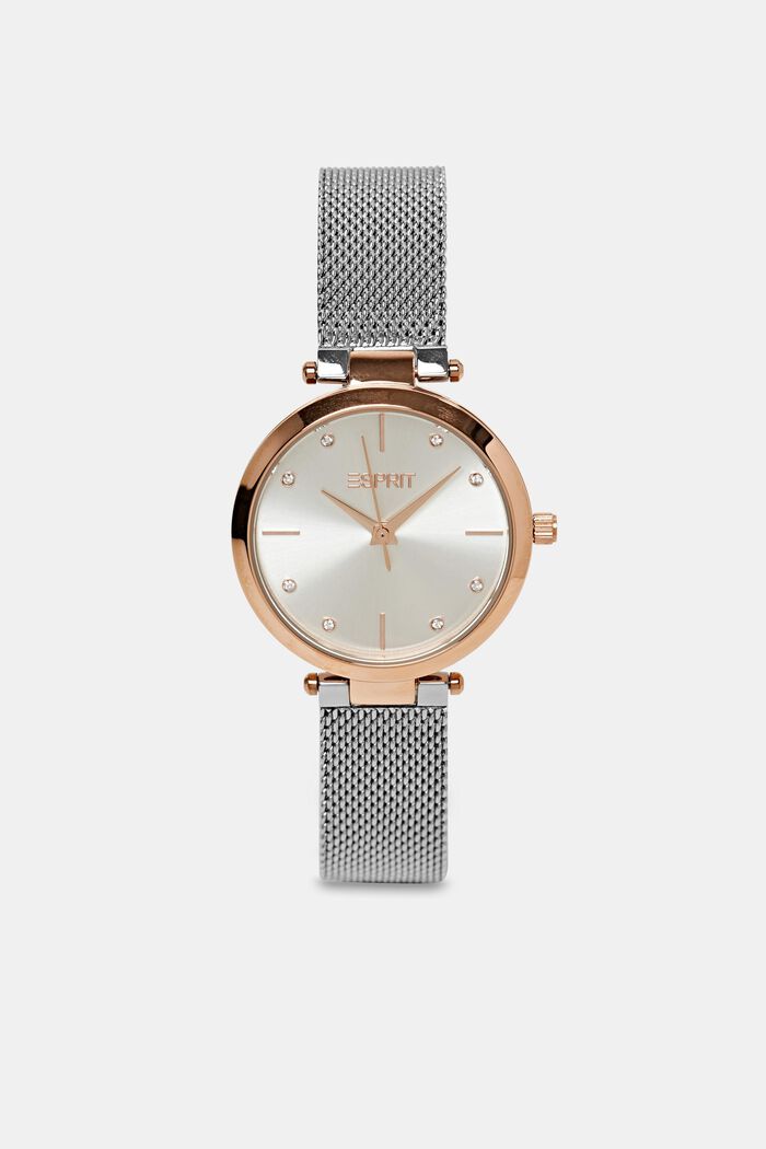 Zweifarbige Uhr mit Mesh-Armband und Zirkonia