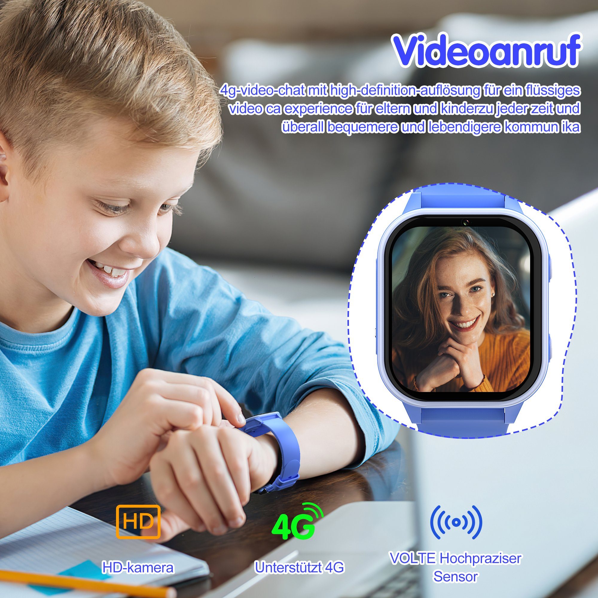 Tisoutec Kinder Smartwatch Telefon,Anrufe,Nachrichten,SOS-Funktion, Smartwatch (1.85 cm), Touchscreen Kinder Smartwatch, Smartwatch Telefon für Kinder - 4G, Kamera,telefonieren, SMS empfangen