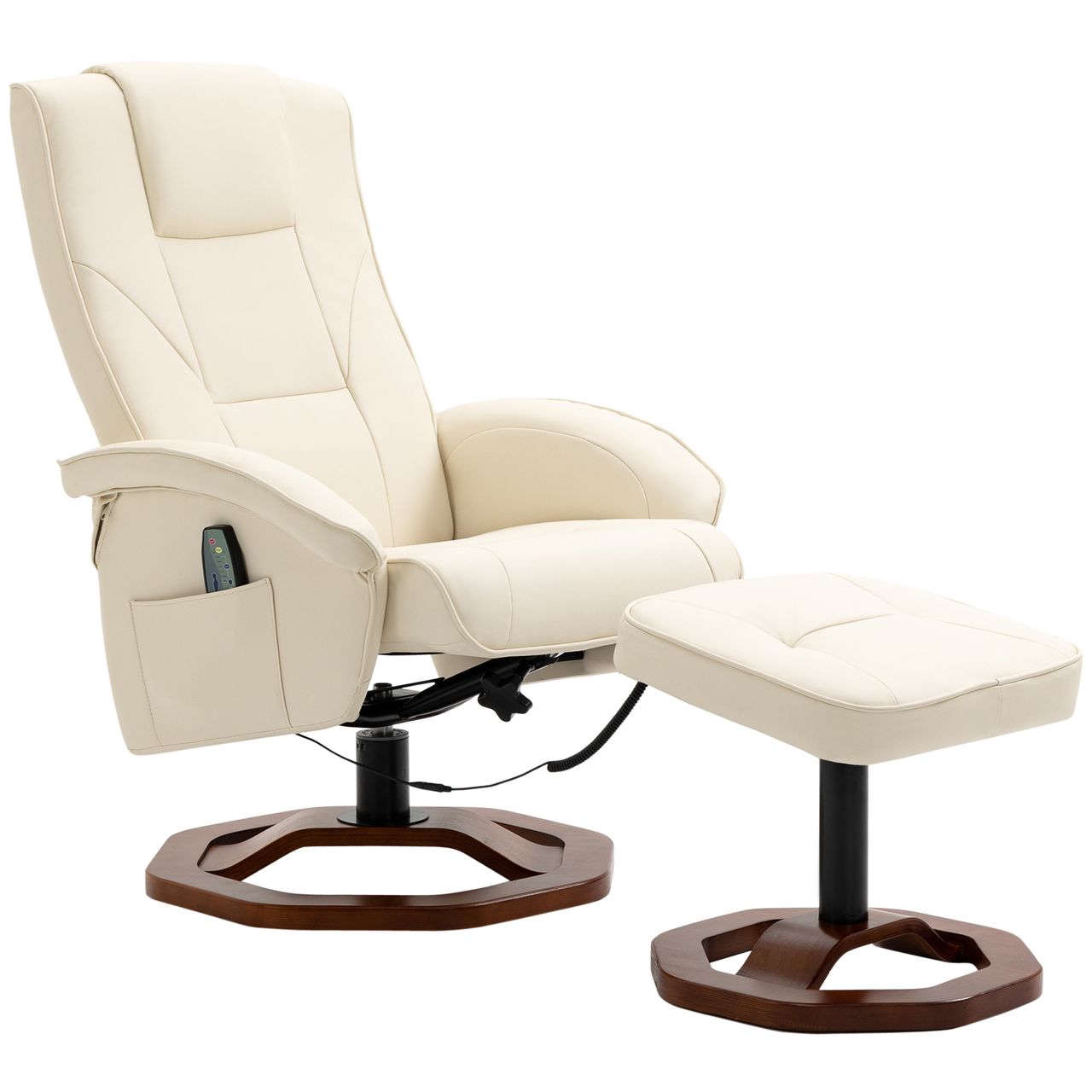 HOMCOM Massagesessel Relaxliege mit Fußhocker Relaxsessel Liegefunktion Fernsehsessel Liegesessel mit Massagefunktion 360° drehbar Kunstleder Stahl Cremeweiß Braun 73 x 83 x 106 cm