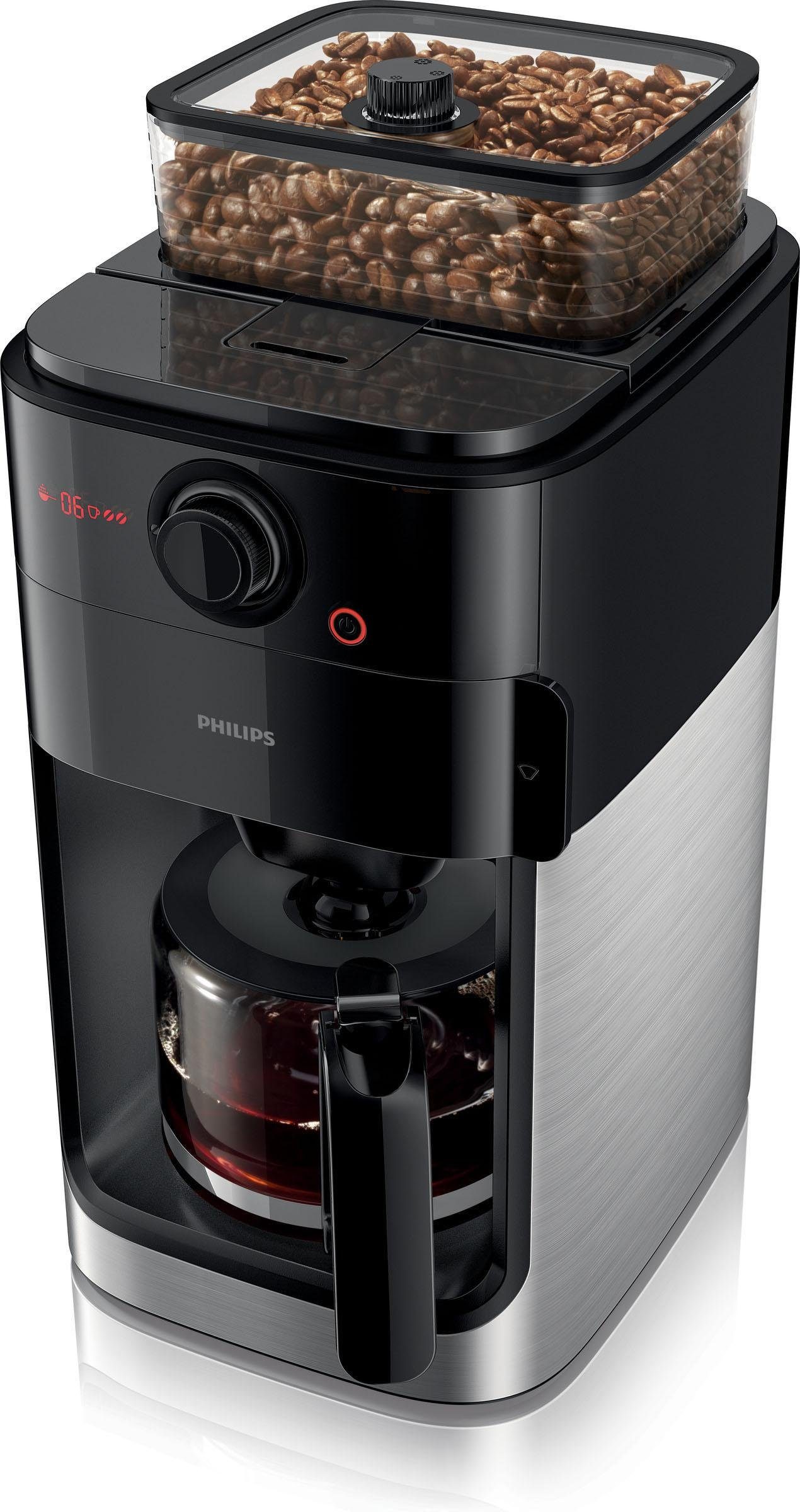 Philips Kaffeemaschine mit Mahlwerk Grind & Brew HD7767/00, aromaversiegeltes Bohnenfach, edelstahl/schwarz