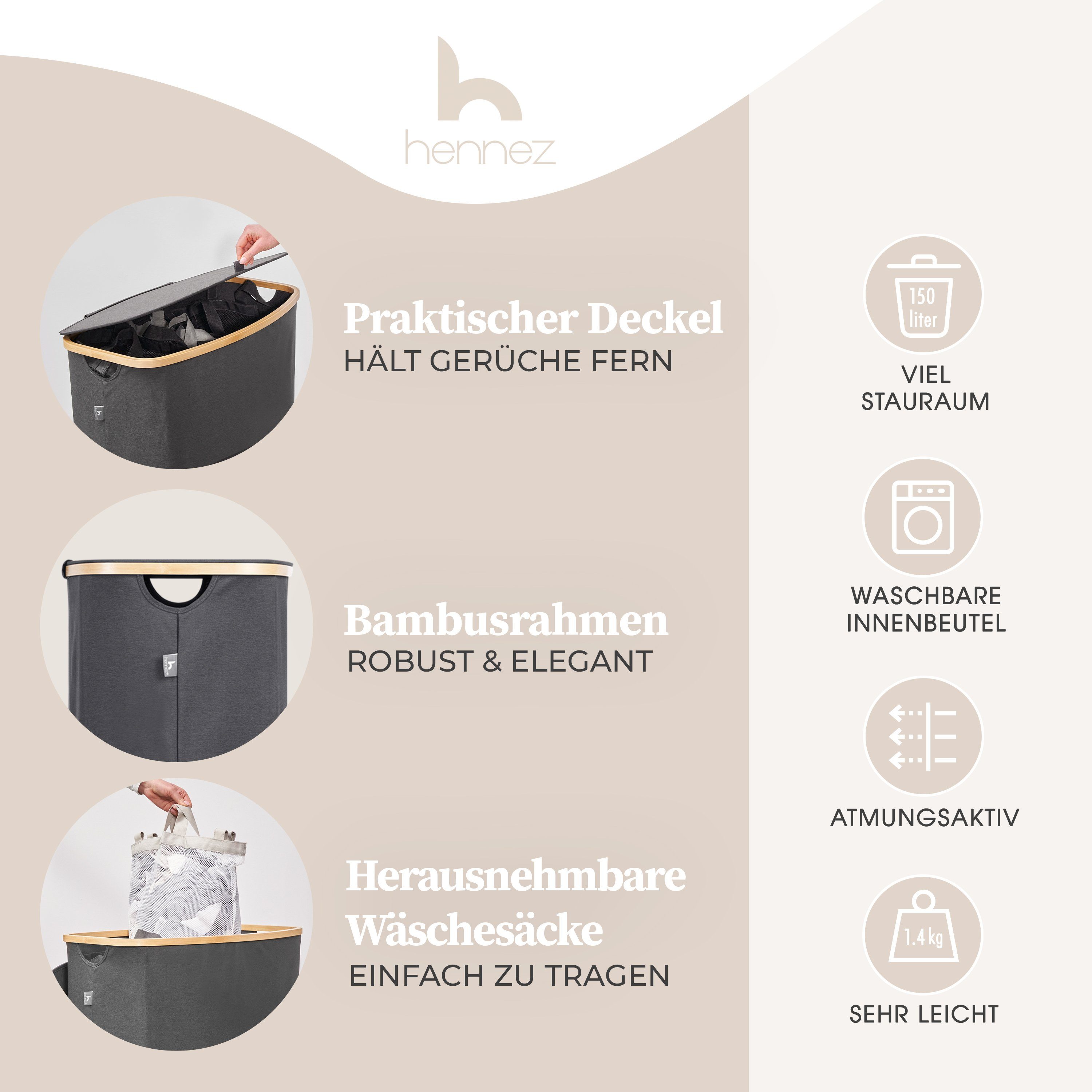 HENNEZ Wäschekorb Wäschesammler 3 Fächer mit Deckel 150 Liter - Wäschesammler 3 Fächer, Wäschetruhe mit Bambusrahmen