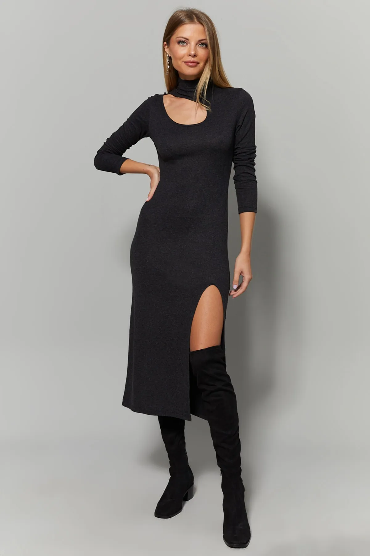 Cool & Sexy  Anthrazitfarbenes Damenkleid mit Kragen und Fensterschlitz Yİ1984