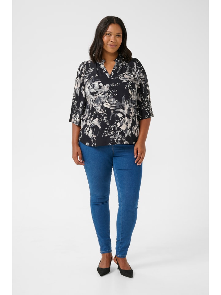 KAFFE curve Kurzarm-Bluse KCmona in Black/White Painted Flower günstig kaufen
