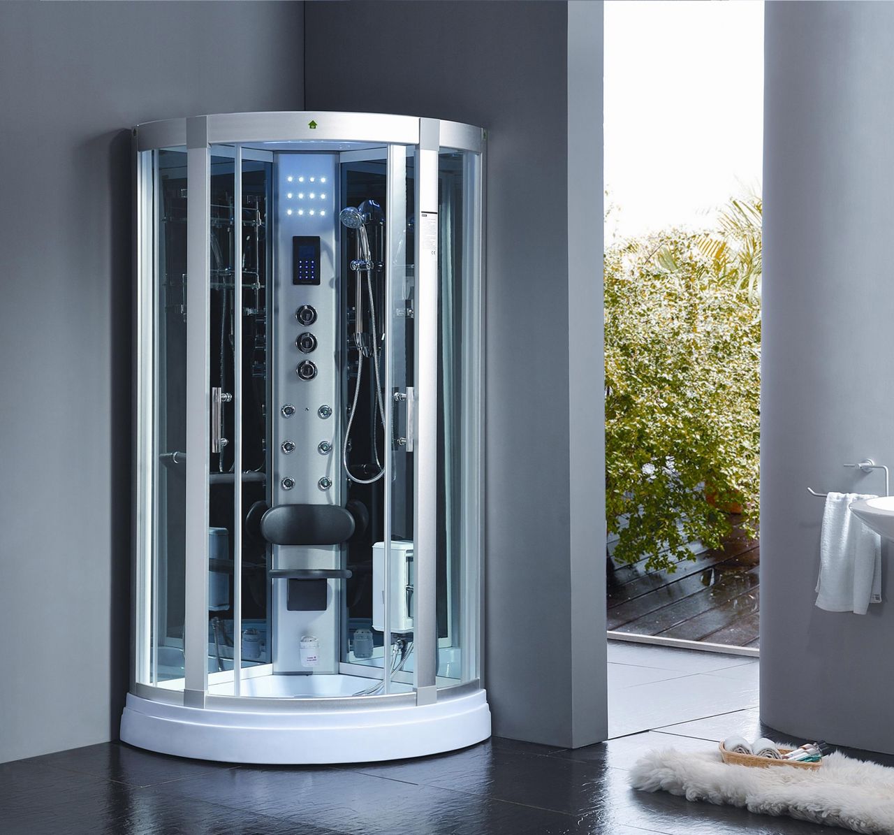 PureHaven Dampfdusche 95x95 cm mit LED-Sternenhimmel Regenfalldusche 6 Massagedüsen Tropenbrause Sitzfläche Radio Ozondesinfektion Silberfarben/Weiß