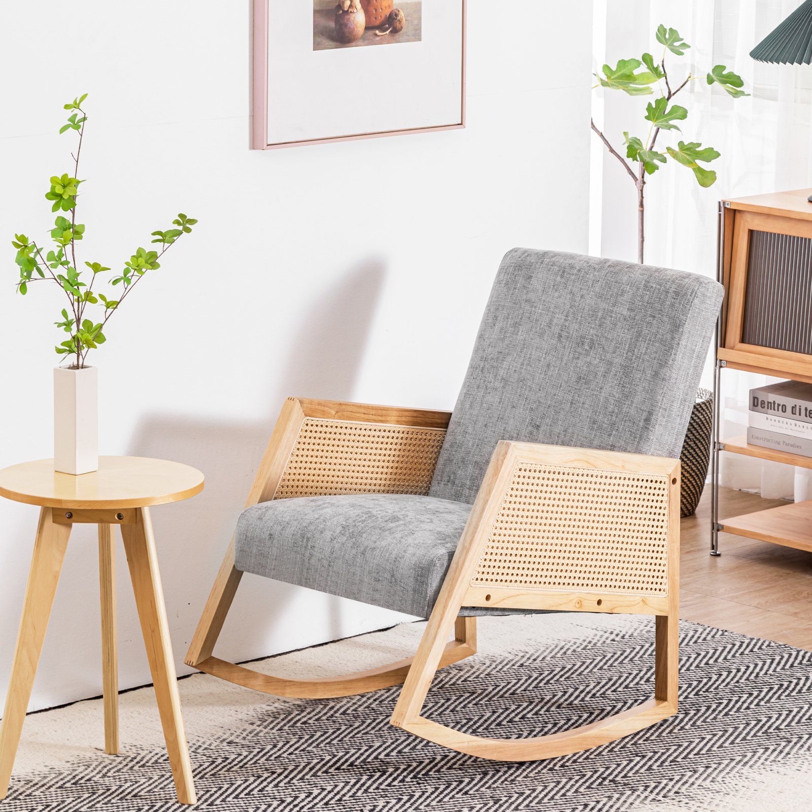 SEEZSSA Schaukelstuhl Wohnzimmer Schaukelstuhl, Massivholz Schaukelsessel Freizeitstuhl (1 St), mit PE Kunststoff Rattan Relaxstuhl für Kinderzimmer Schaukelstuhl