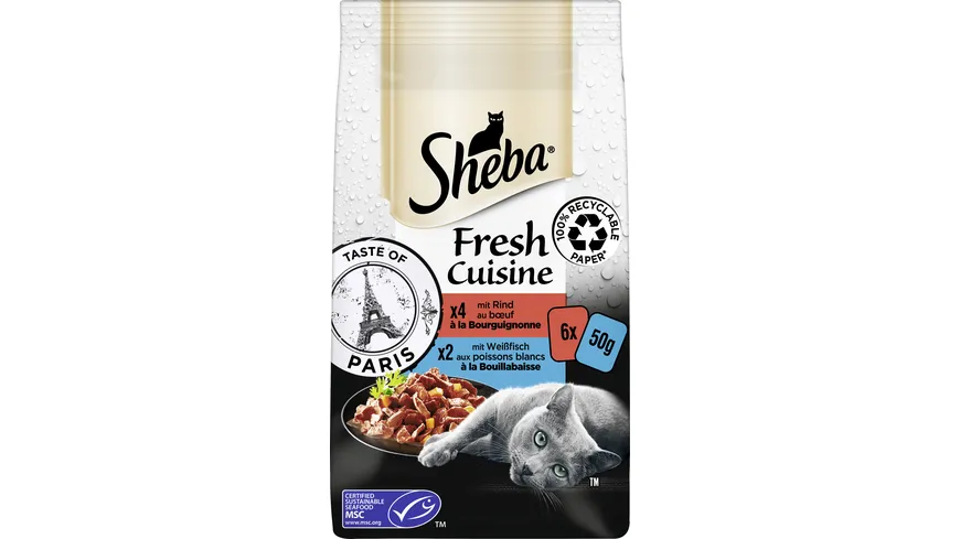 SHEBA® Fresh Cuisine Taste of Paris mit Rind und mit Weißfisch Portionsbeutel 300 g