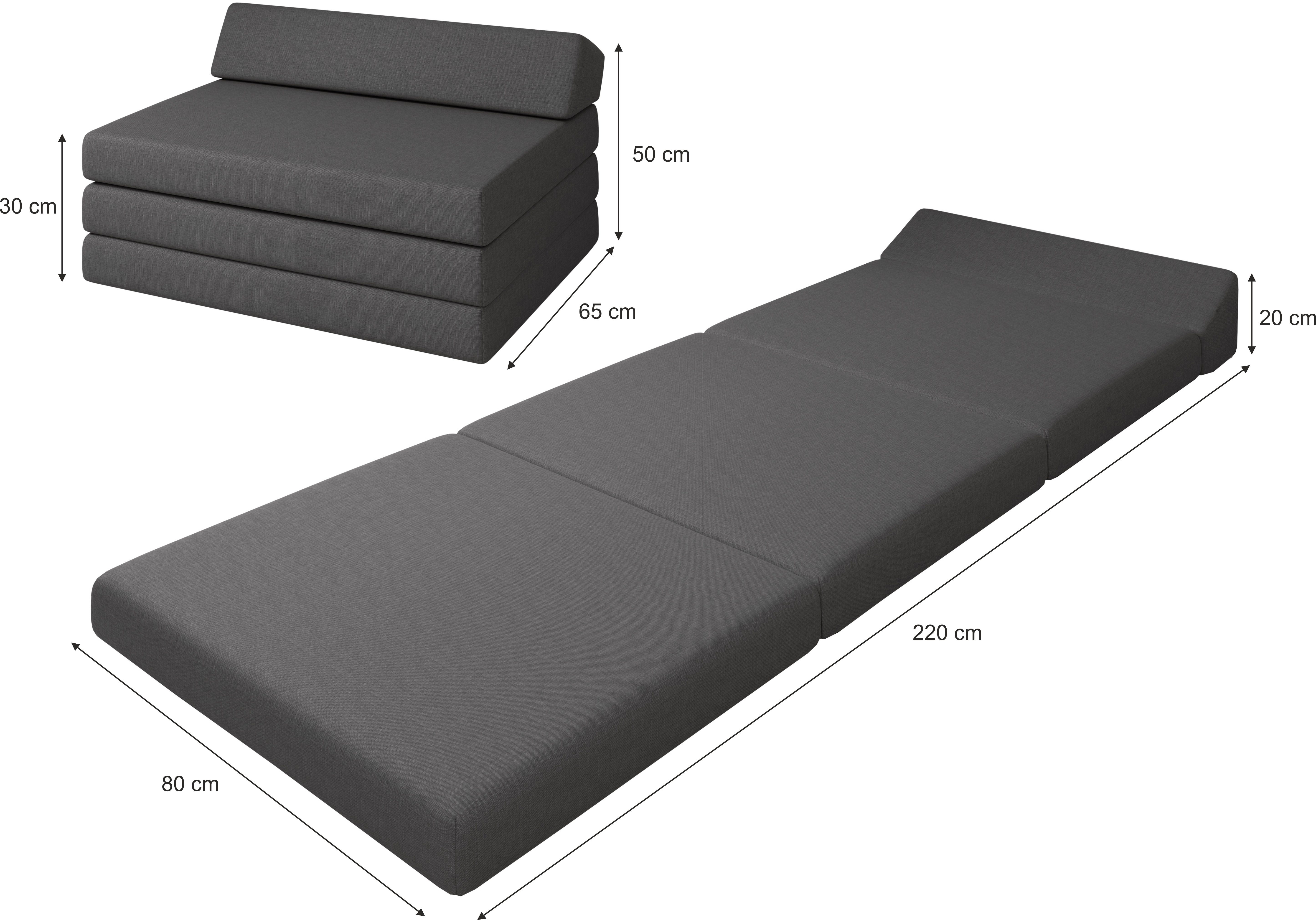 Klappmatratze Premium Klappmatratze mit Kopfteil, sunnypillow, 80x220x10cm Anthrazit, 4-teilige Faltmatratze mit abnehmbarem Bezug