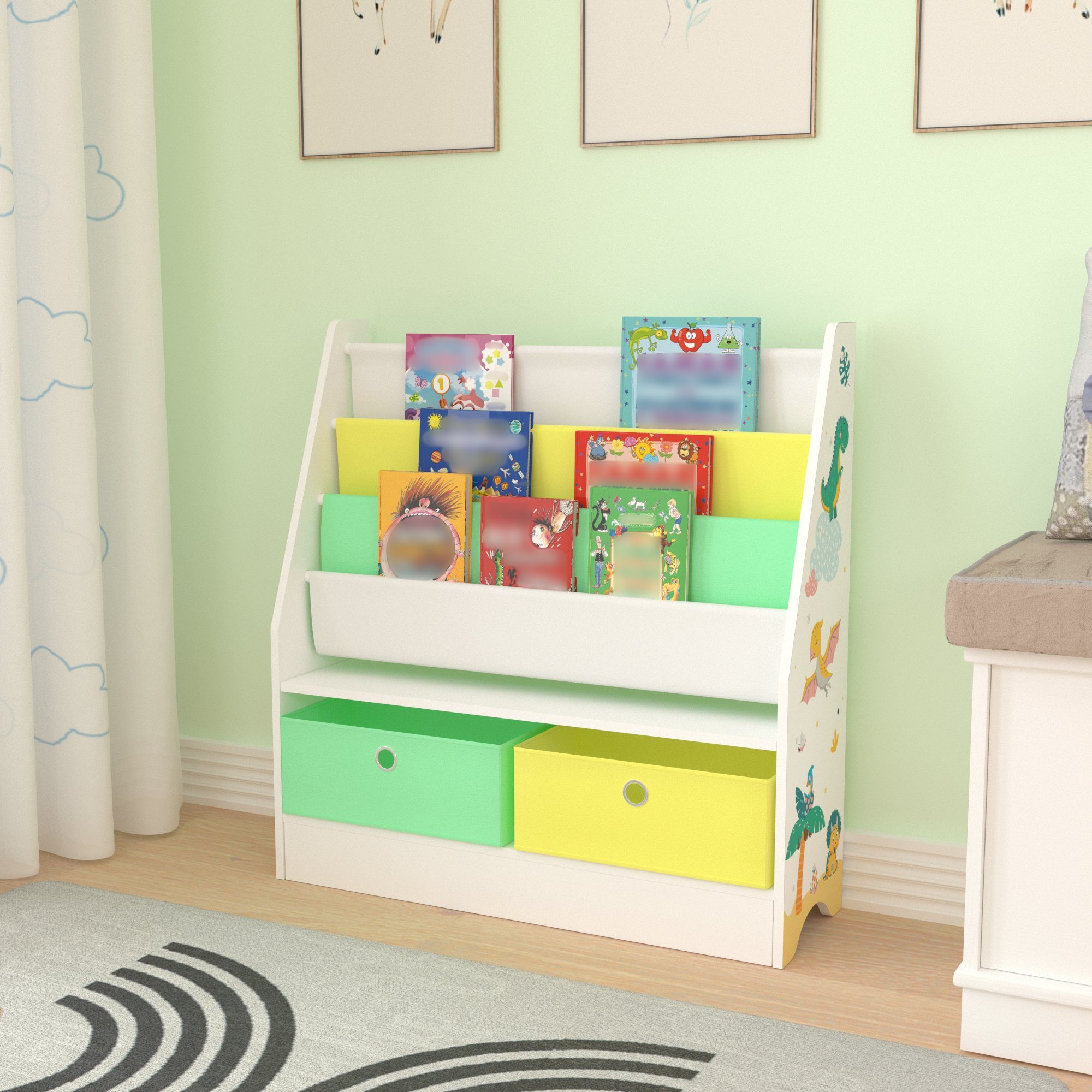 en.casa Bücherregal, Neda Kinderregal 74x71x23 cm mit Dinosaurier-Motiv Weiß/Grün/Gelb