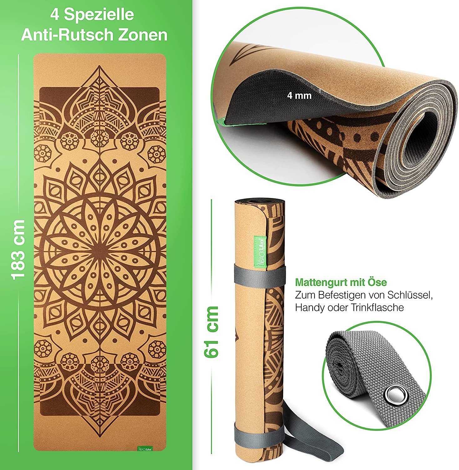 BACKLAxx® Yogamatte Kork mit Naturkautschuk (Kork, 2teilig mit GRATIS Videokurs), 4 mm stark, aus natürlichen Rohstoffen, mit Antirutschzonen