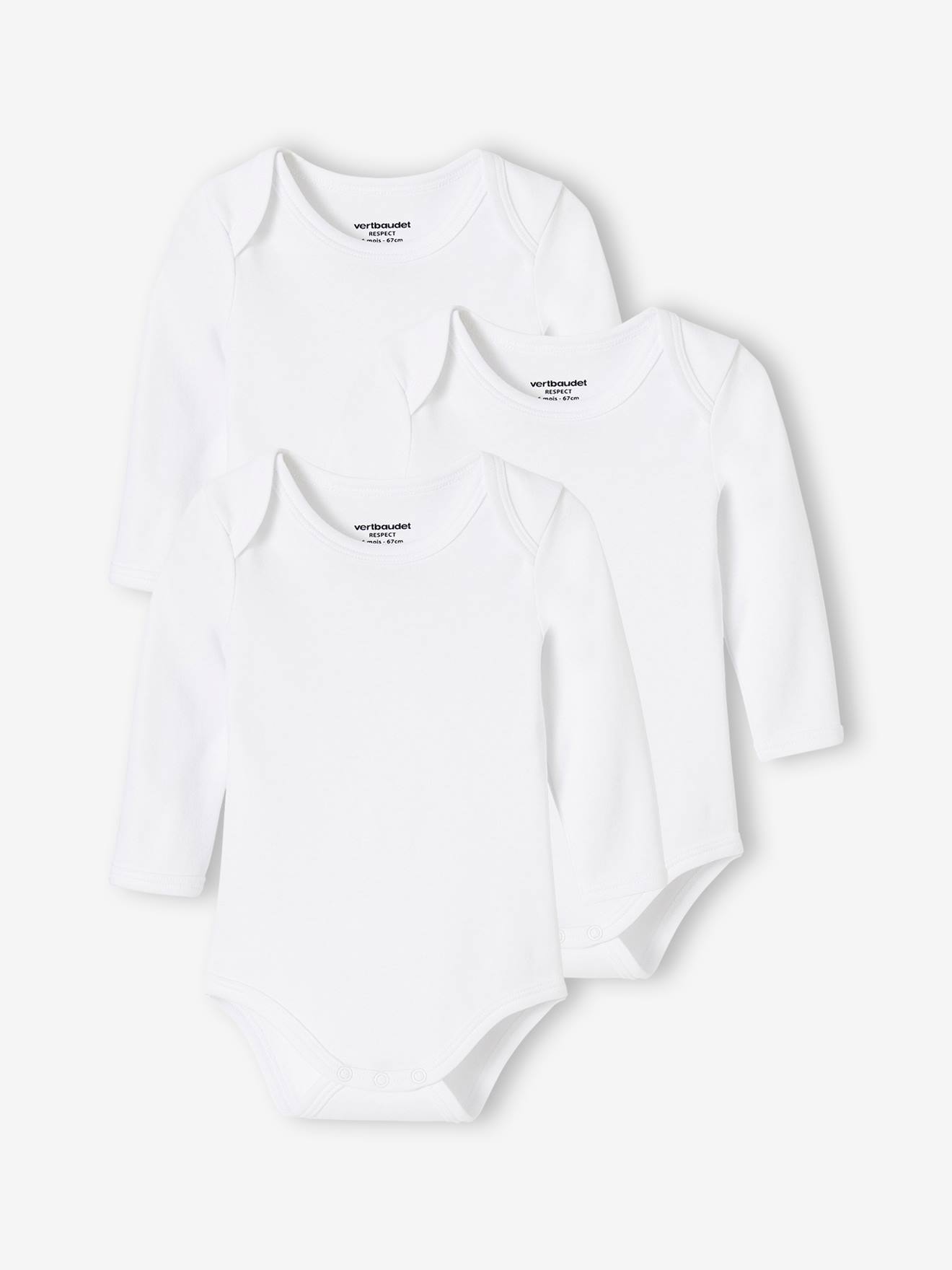 Vertbaudet 3er-Pack Baby Langarm-Bodys aus Bio-Baumwolle, Schlupfform BASIC - pack weiß