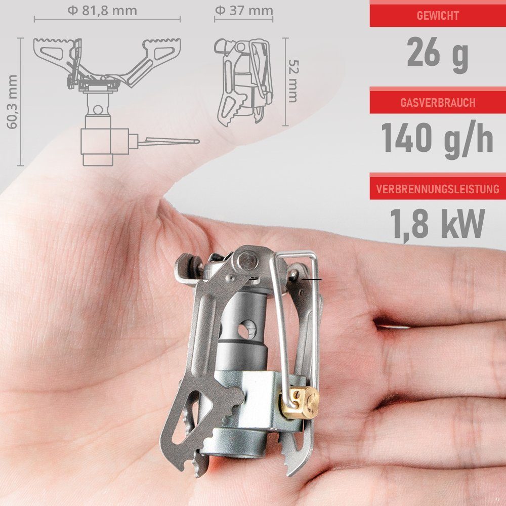 EVOCAMP Gaskocher kompakter Mini Campingkocher 1.8 kW, Titan-Gehäuse mit Gasregulierung, (kompatibel mit schraubbaren Gaskartuschen, ideal für Camping als Outdoor Kocher)