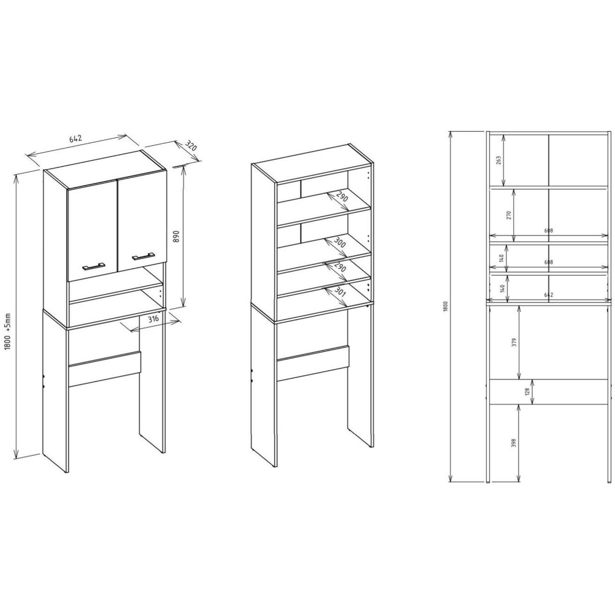 Beautysofa Waschmaschinenumbauschrank Ivy DK (Badschrank mit offenes Regale, Badezimmerschrank mit 2 Drehtüren) silberfarbig Kunststoffgriffe, 4 Fächer