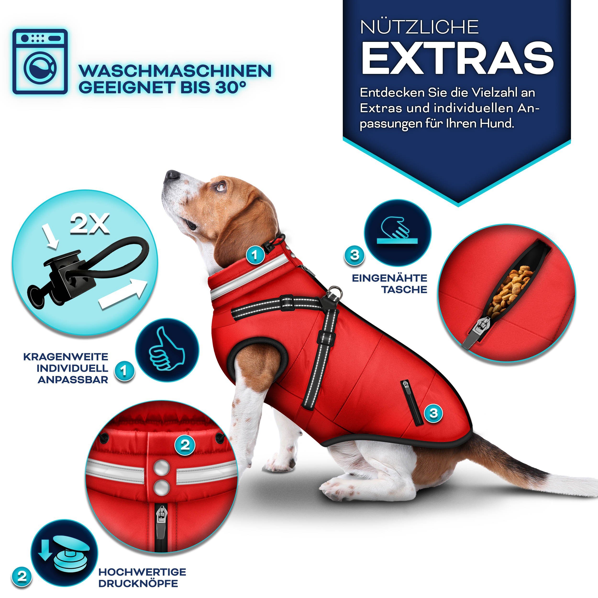 TRESKO Hundejacke Winter mit Reflektoren inkl. 15 Stück Kotbeutel, + Spender Hunderegenmantel wasserdicht Hundemantel mit Geschirr Weste