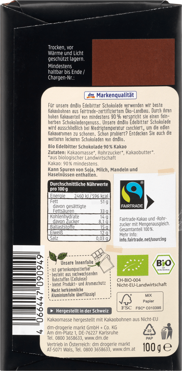 Schokolade, Edelbitter 90 % Kakao, 100 g