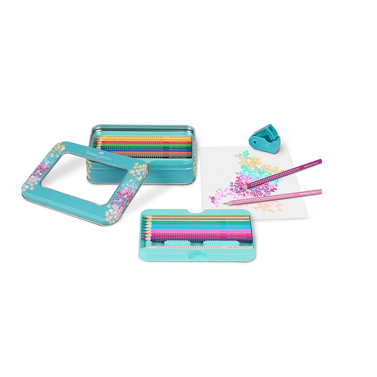 Geschenkset Dreikant-Buntstifte Sparkle, 21 Farben in Metalletui, inkl. Anspitzer
