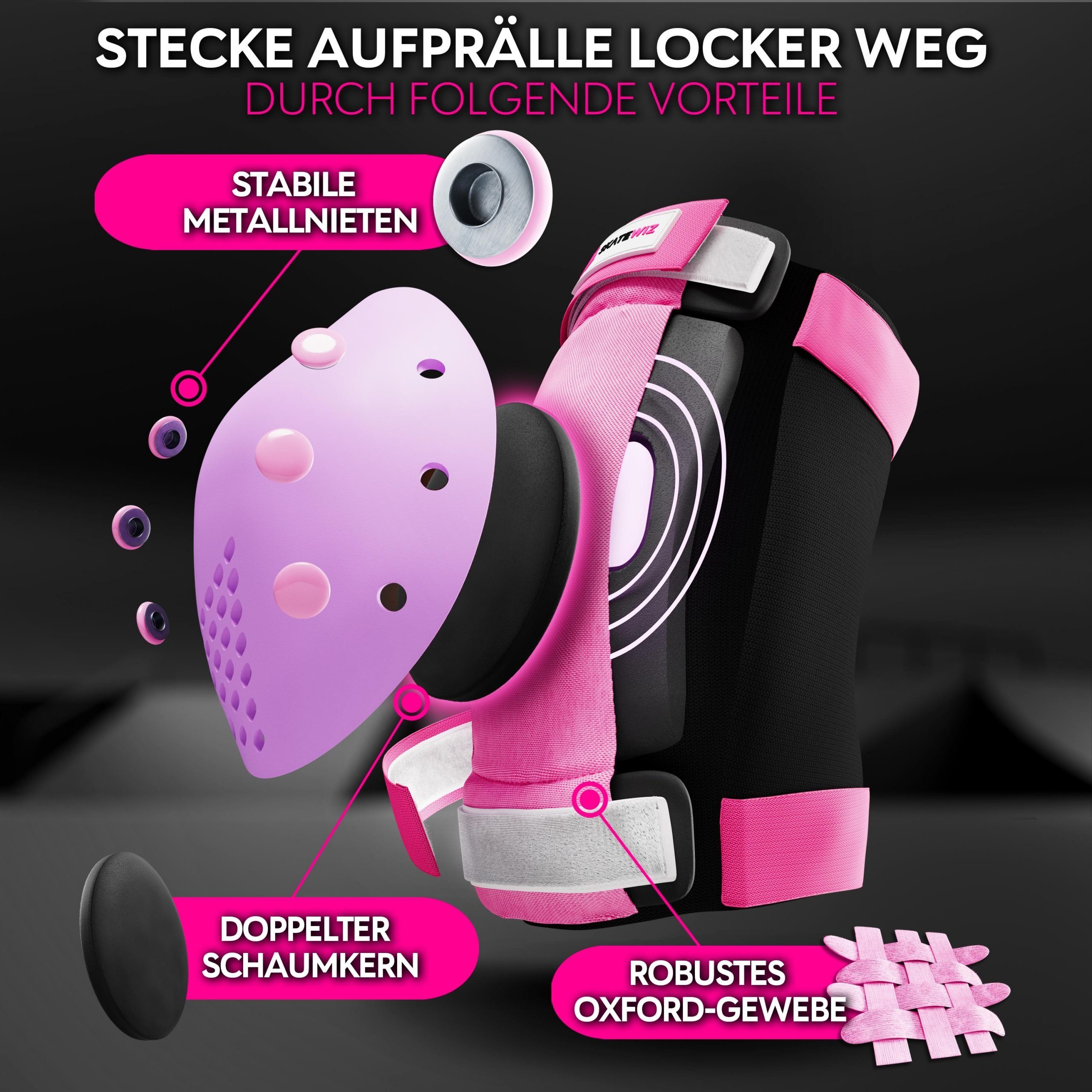 SKATEWIZ Protektoren-Set SMASH Knieschoner Kinder Inliner Schoner Erwachsene Protektoren Set (Schonerset Inliner skates Mädchen Schützer, 6-tlg., Inliner Schoner mit Knie-, Ellenbogen- und Handgelenkschützer), Schützer Inline Skates Kinder Schlittsch