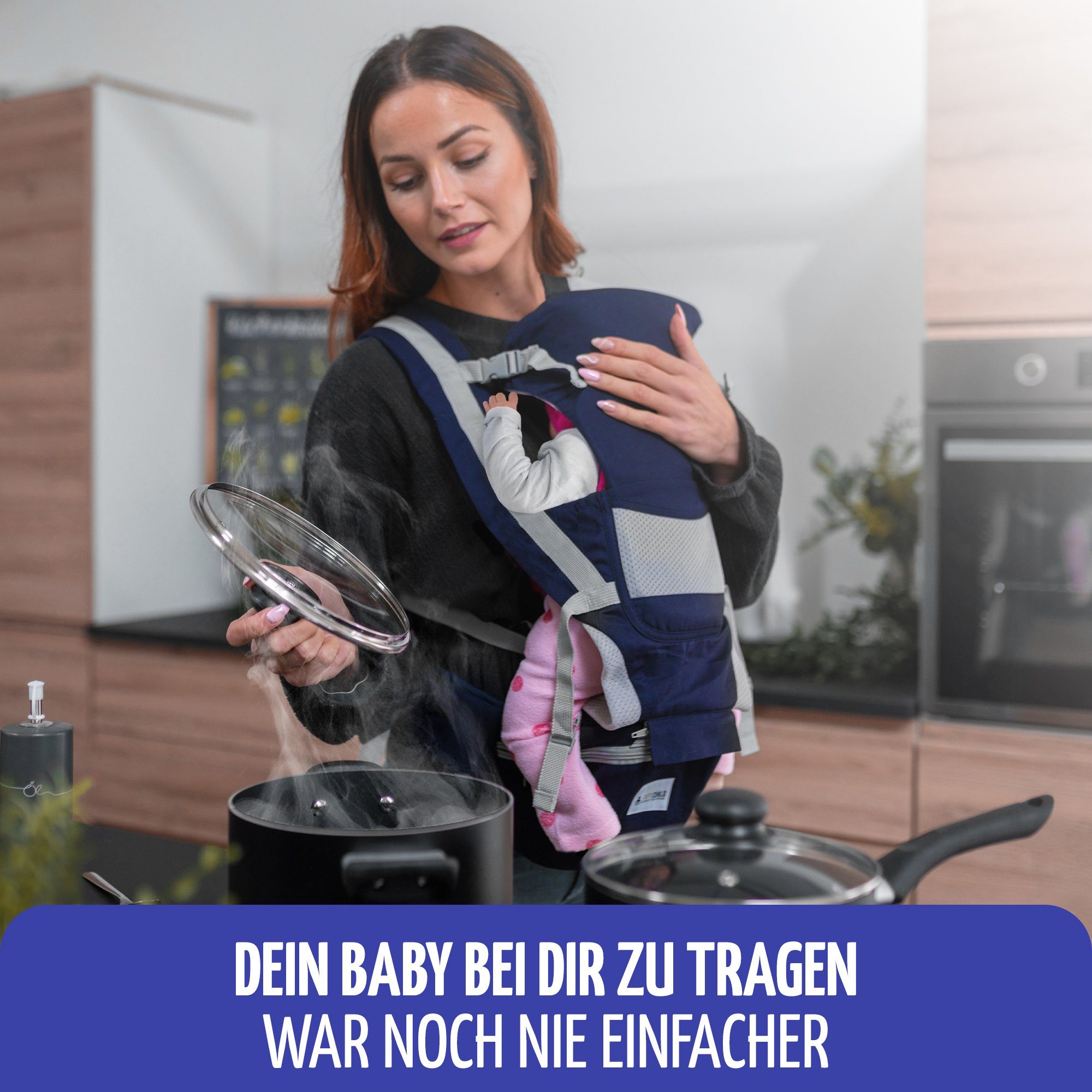 SafeChild Babytrage Premium Design, 100% Baumwolle, Mesh-Gewebe, Neugeborene, Hüftsitz, Flaschenhalterung, Windeltasche, Handytasche
