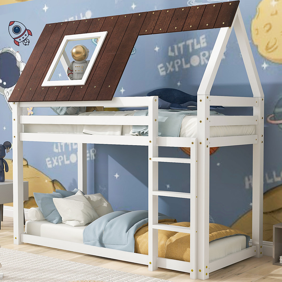 Hausbett Etagenbett mit rechtwinkliger Leiter und Fallschutz, aus Kiefernholz