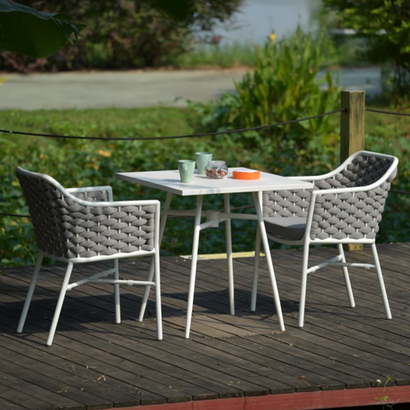 OKA Rattanstuhl Gartenstuhl-Set mit 2 Stück 58x57x79 cm, Mit Kordelgeflecht und weichem Sitzkissen, Edelstahlgestell