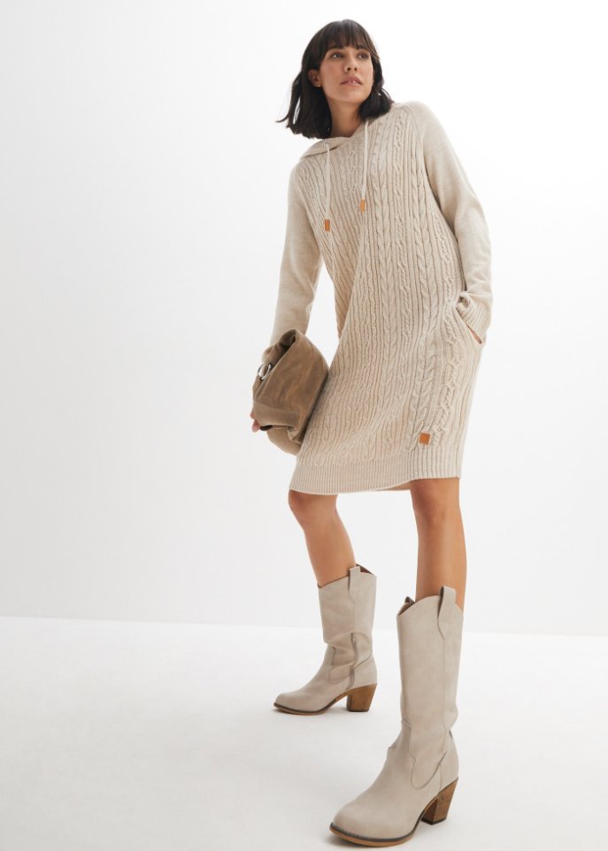Kapuzen-Strickkleid mit Zopfmuster