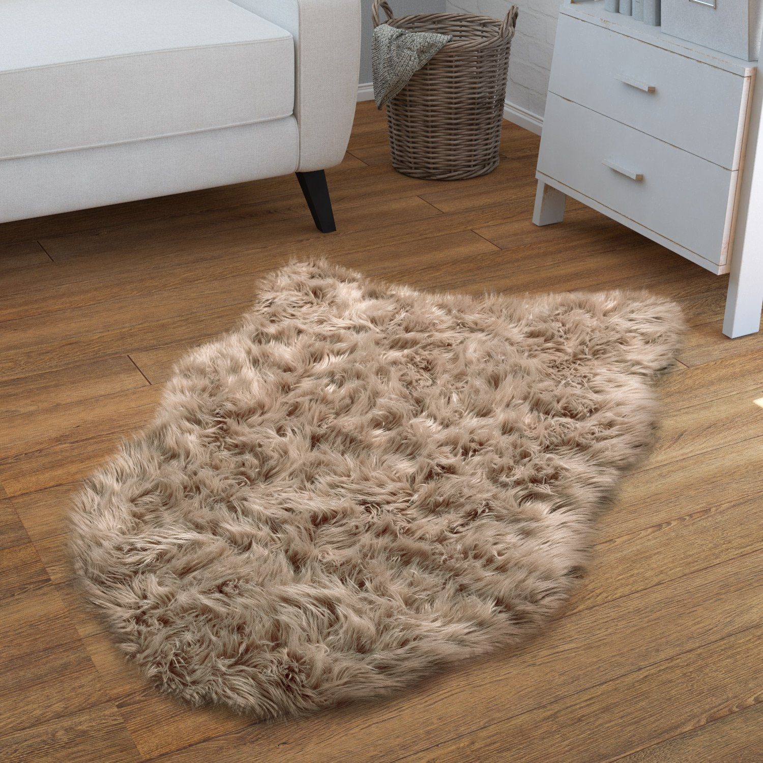 Fellteppich Wohnzimmer Hochflor Teppich Kunst-Fell Design, TT Home, rund, Höhe: 64 mm