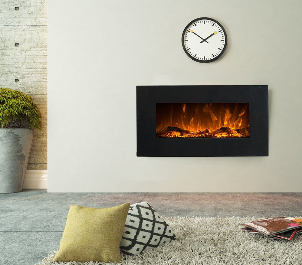 GLOW FIRE Elektrokamin Neptun Wandkamin elektrisch mit Heizung, Elektrischer Kamin mit Fernbedienung, Timer, 3 Dekorationen, LED Feuer
