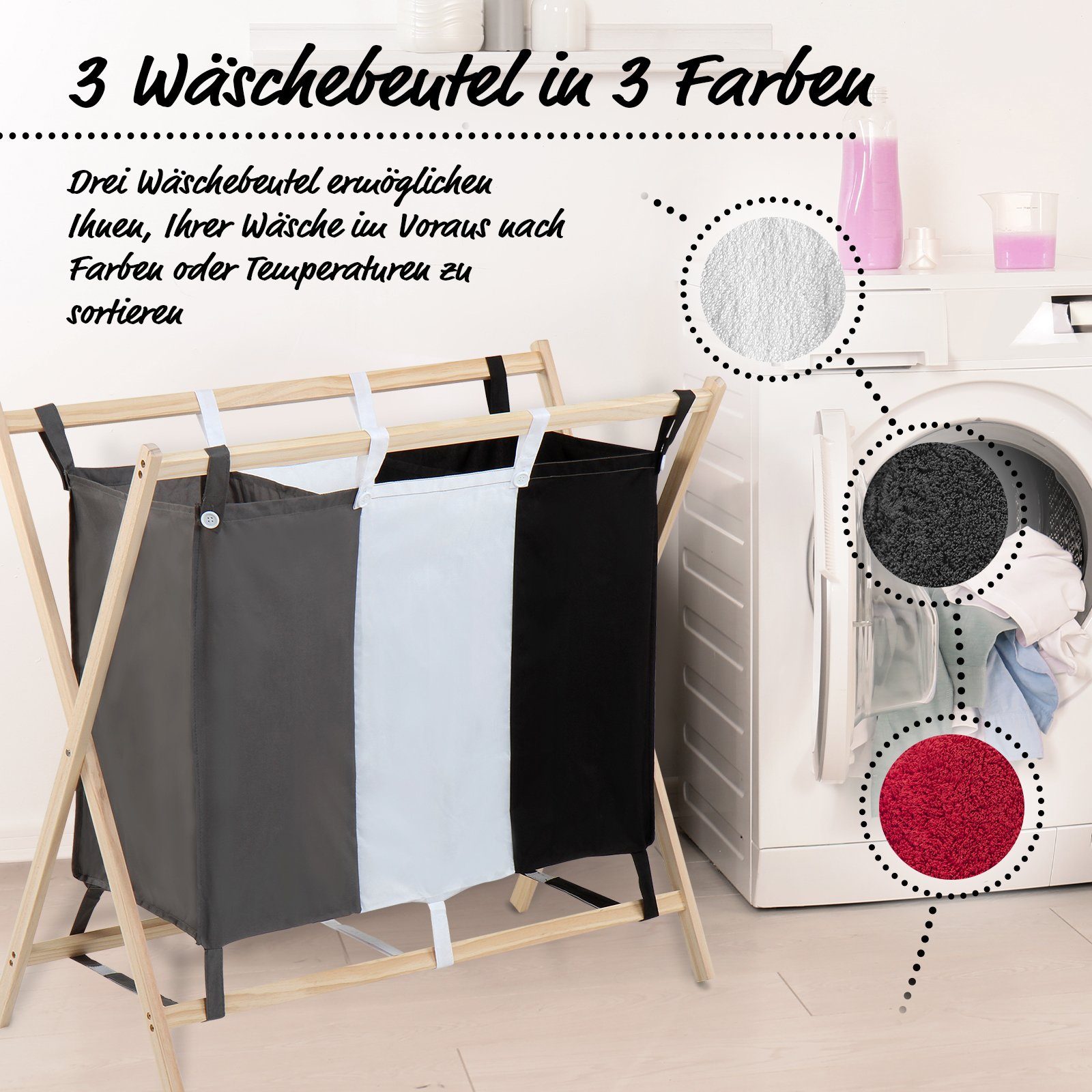 Jago Wäschesortierer - 3 Fächer Holz Wäschekorb Wäschebox Wäschesammler