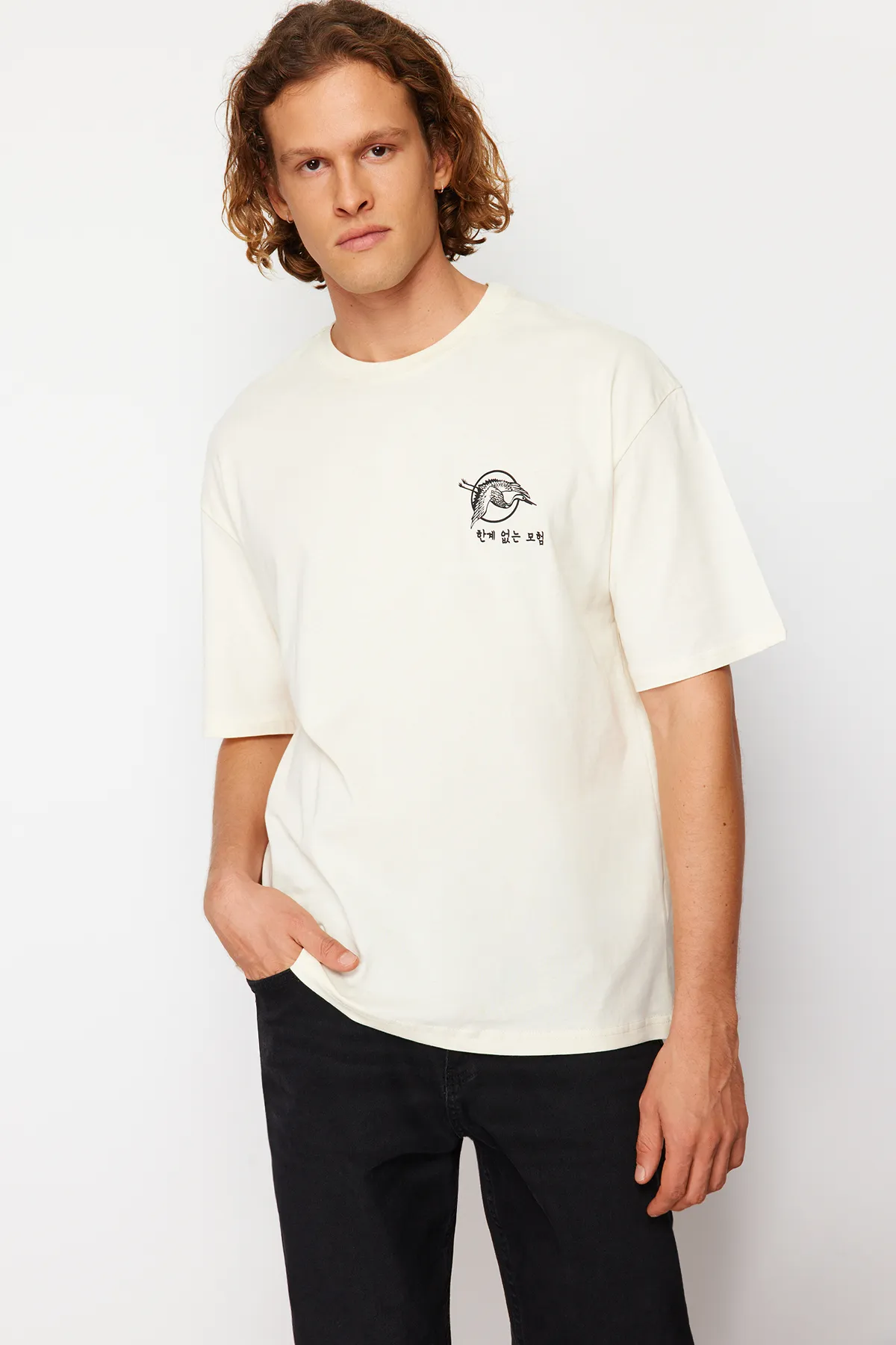 Trendyol Collection  Stone Oversize/Weit geschnittenes, kurzärmliges T-Shirt aus 100 % Baumwolle mit Fernost-Print TMNSS23TS00170