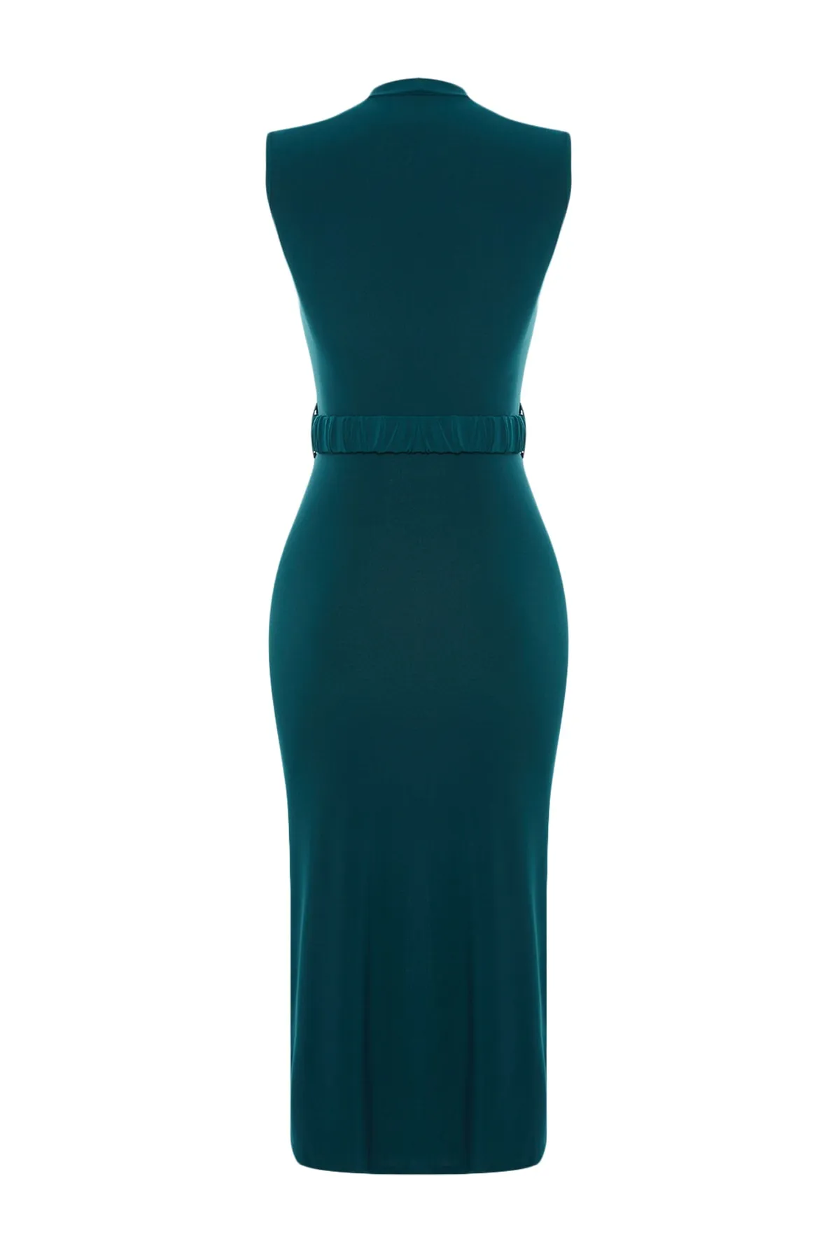 Trendyol Collection  Smaragdgrünes, figurbetontes, ärmelloses, drapiertes Midi-Bleistiftkleid aus flexiblem Strick mit Gürtel TWOSS22EL0756