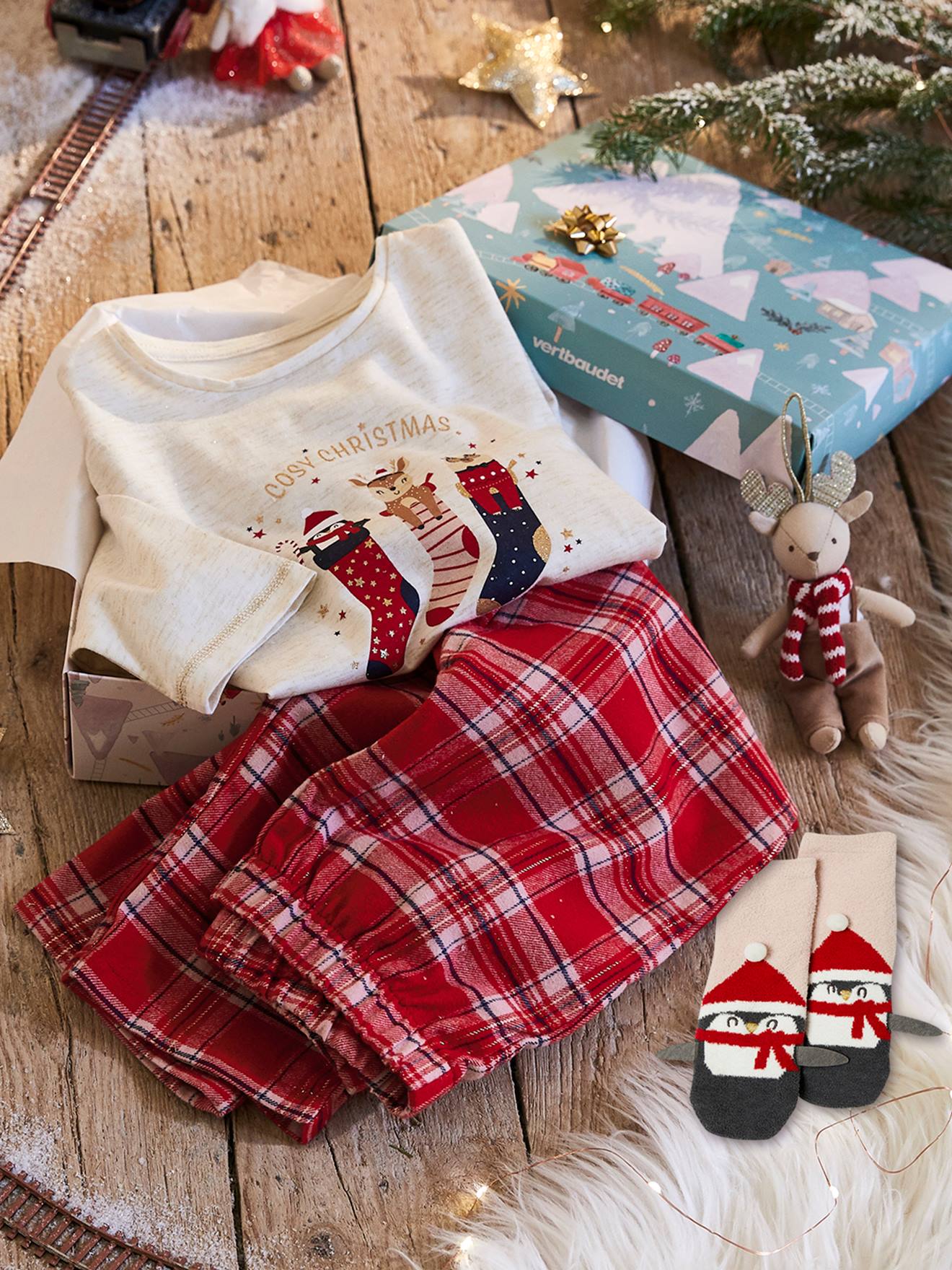 Coffret Noël pyjama + chaussettes fille Cosy Christmas ivoire chiné