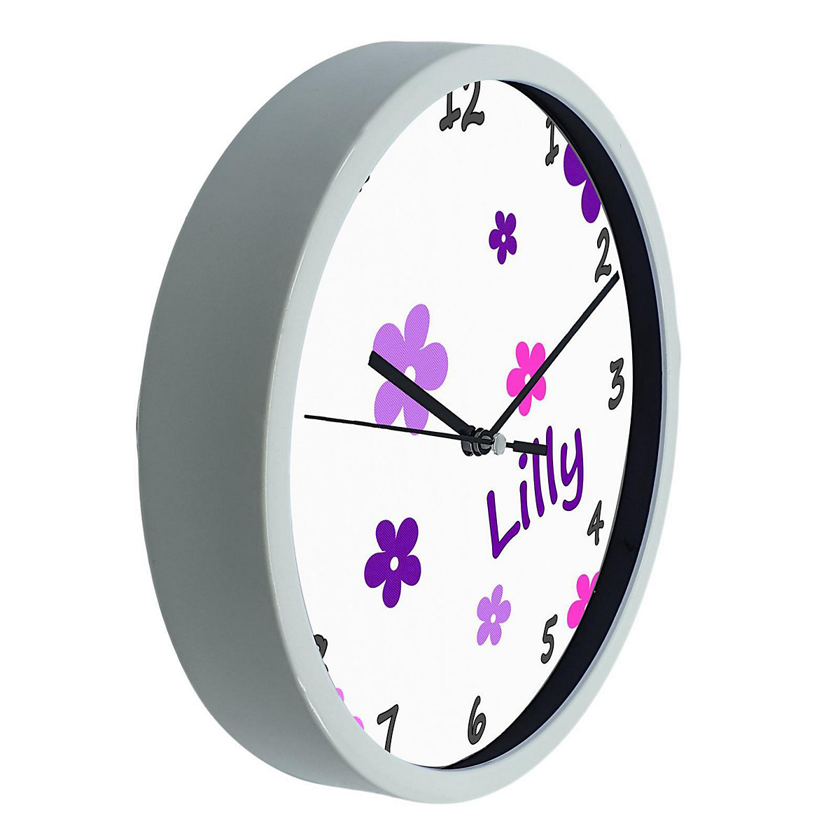 Kinder Wanduhr personalisiert mit Name Blumen Pink-Lila