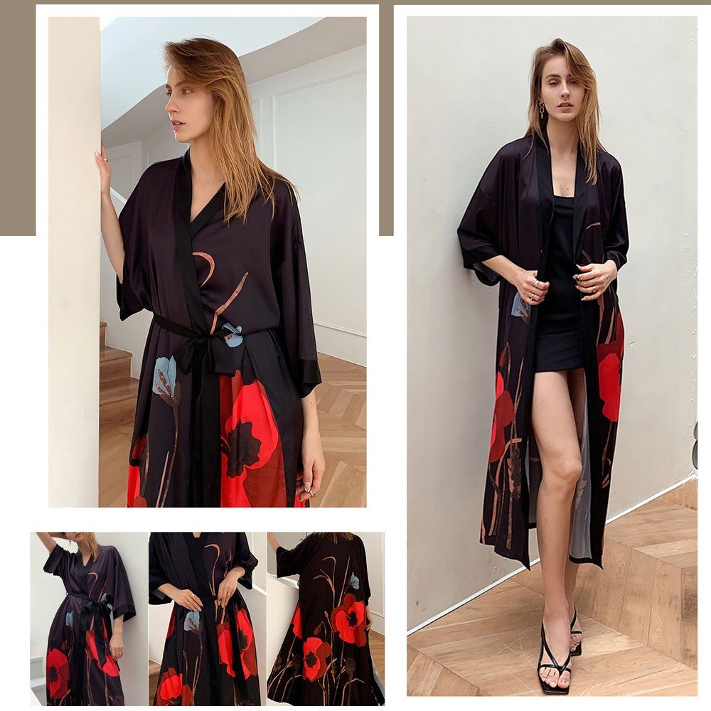 Vivi Idee Morgenmantel Bademantel Schlafmantel kimono lang leicht satin Sauna Einheitsgröße, Kimono-Kragen, Bindegürtel, Seidig