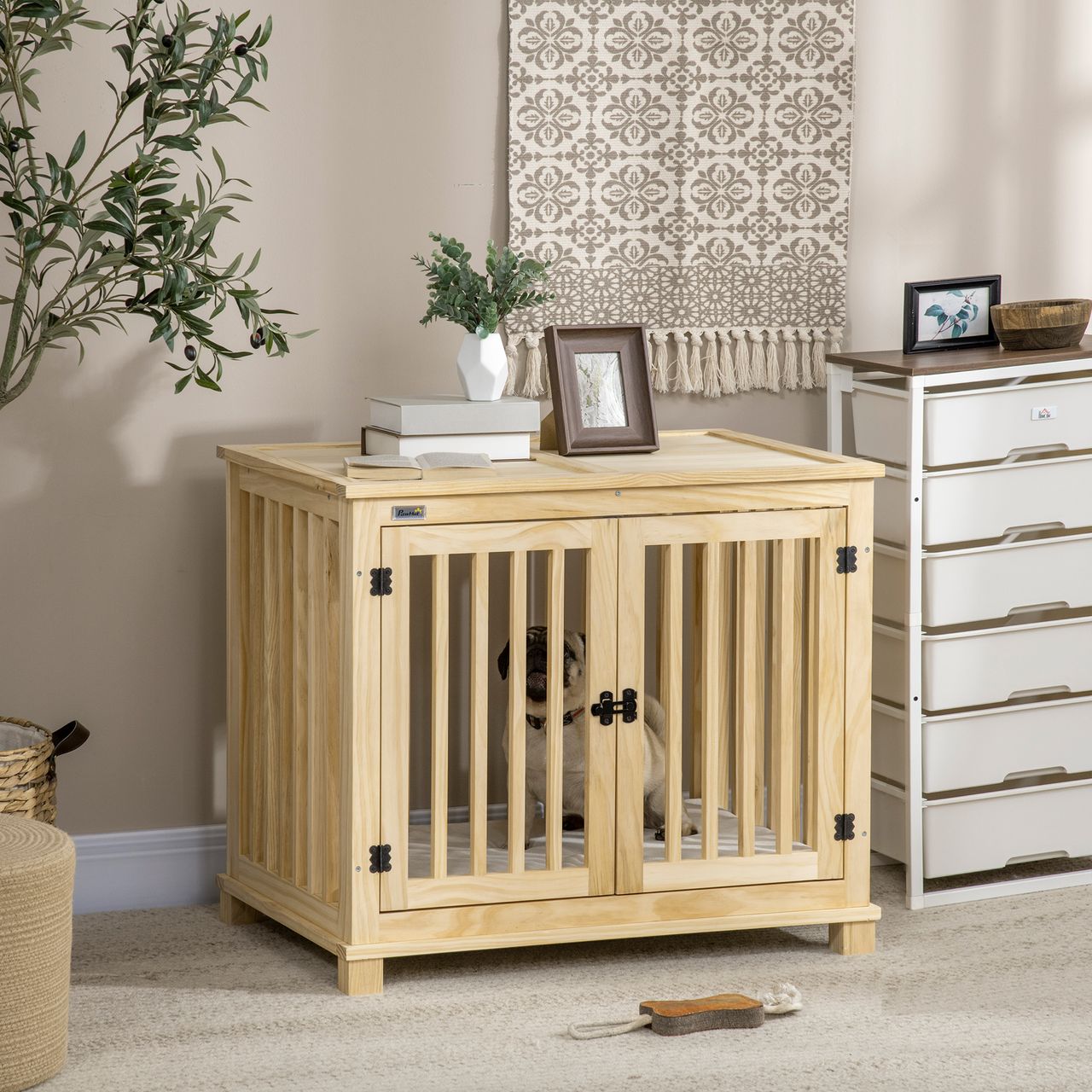 PawHut Hundekäfig, Tierkäfig aus Holz, Haustierkäfig für mittelgroße Hunde