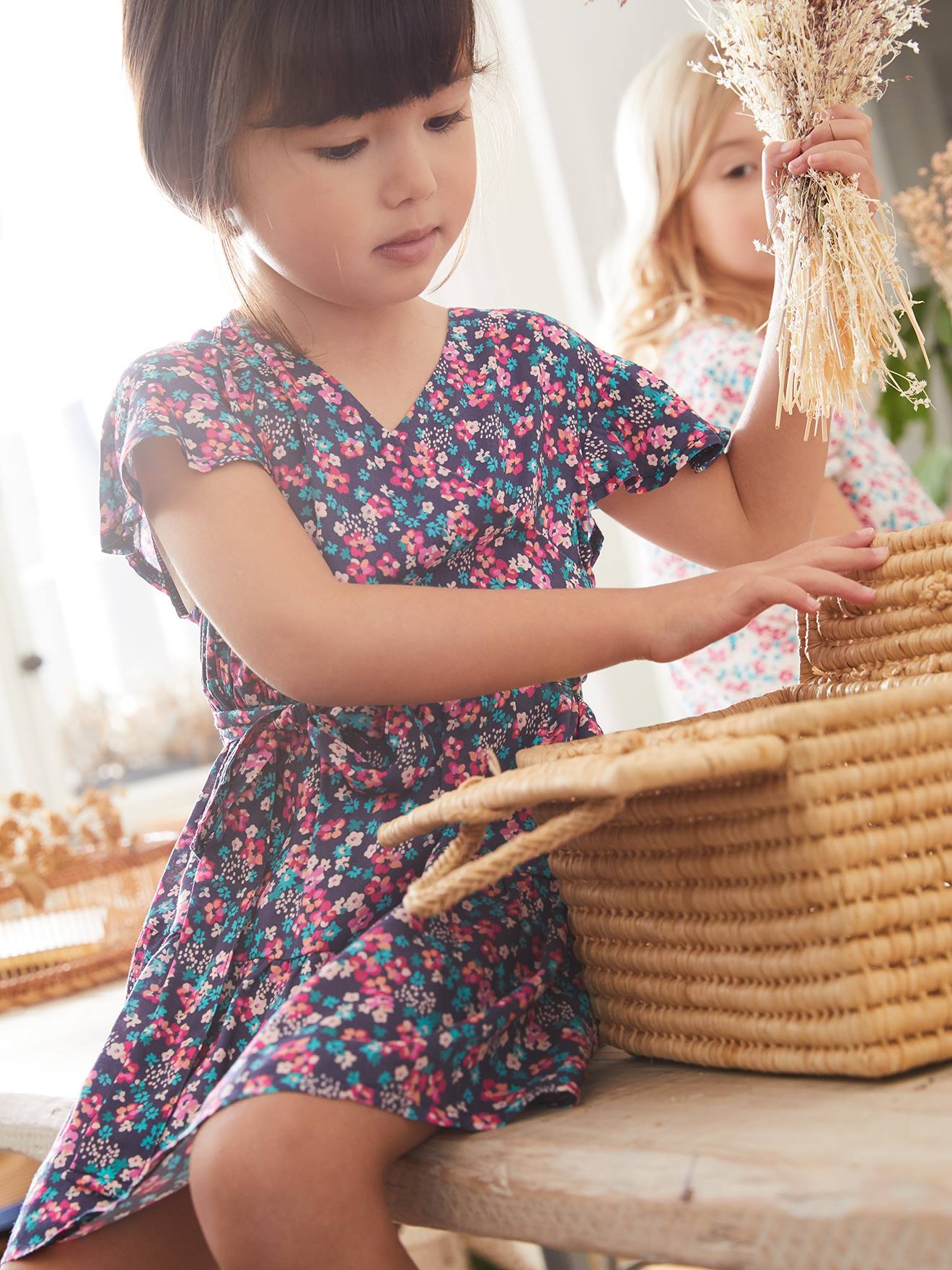 Robe effet portefeuille fille écru imprimé fleurs