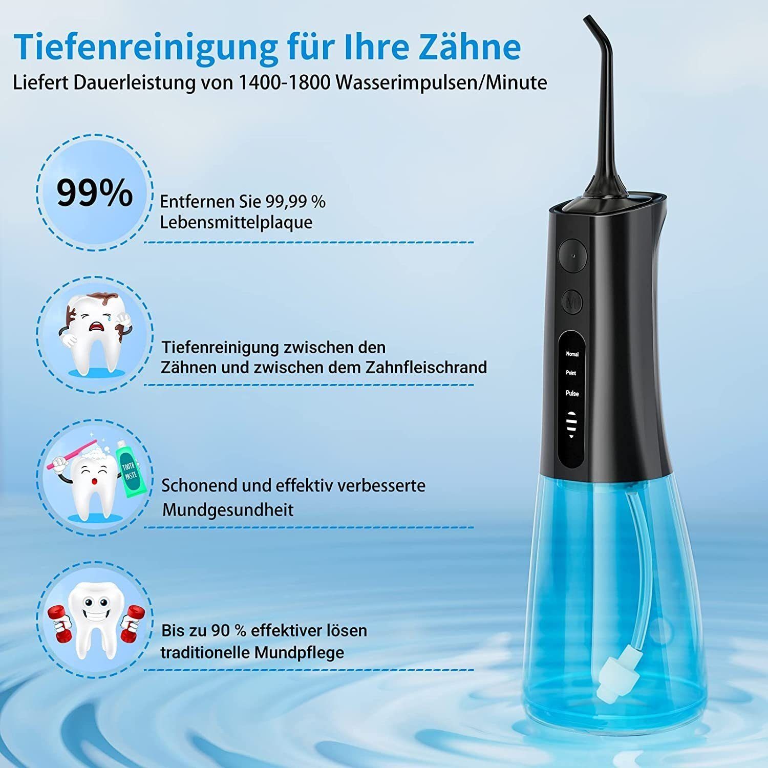 Yaviel Munddusche Elektrisch Flosser Waterfloss Mundpflegecenter Oral Zähne Irrigator, Kabellos 300ml Airfloss 4 Jet Nozzle 4 Intensitätsstufen Zahnspülung