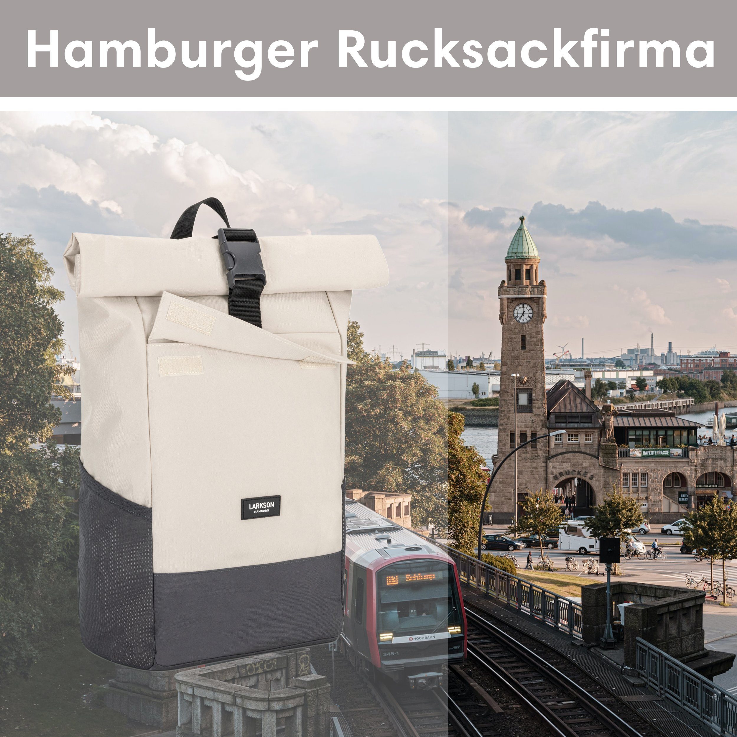 LARKSON Cityrucksack No 4, Rolltop Damen Herren, Laptop Fach, Wasserabweisend