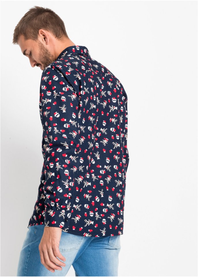 Langarmhemd mit Weihnachts-Druck, Slim Fit