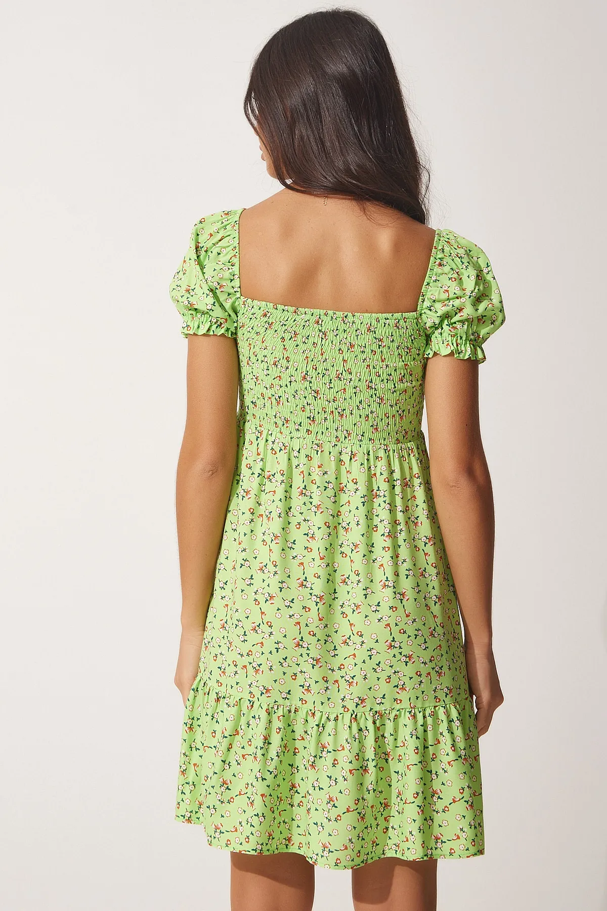 Happiness İstanbul  Pistaziengrünes Carmen-Kragen-Sommerkleid aus Viskose für Damen DD01223