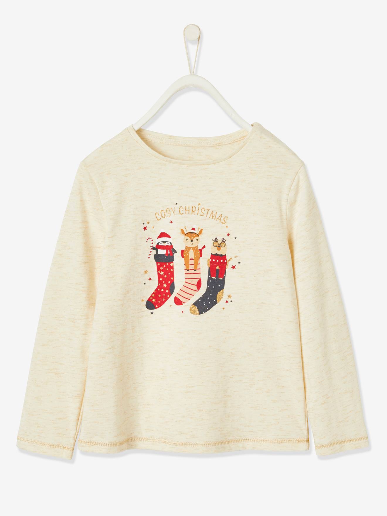 Coffret Noël pyjama + chaussettes fille Cosy Christmas ivoire chiné