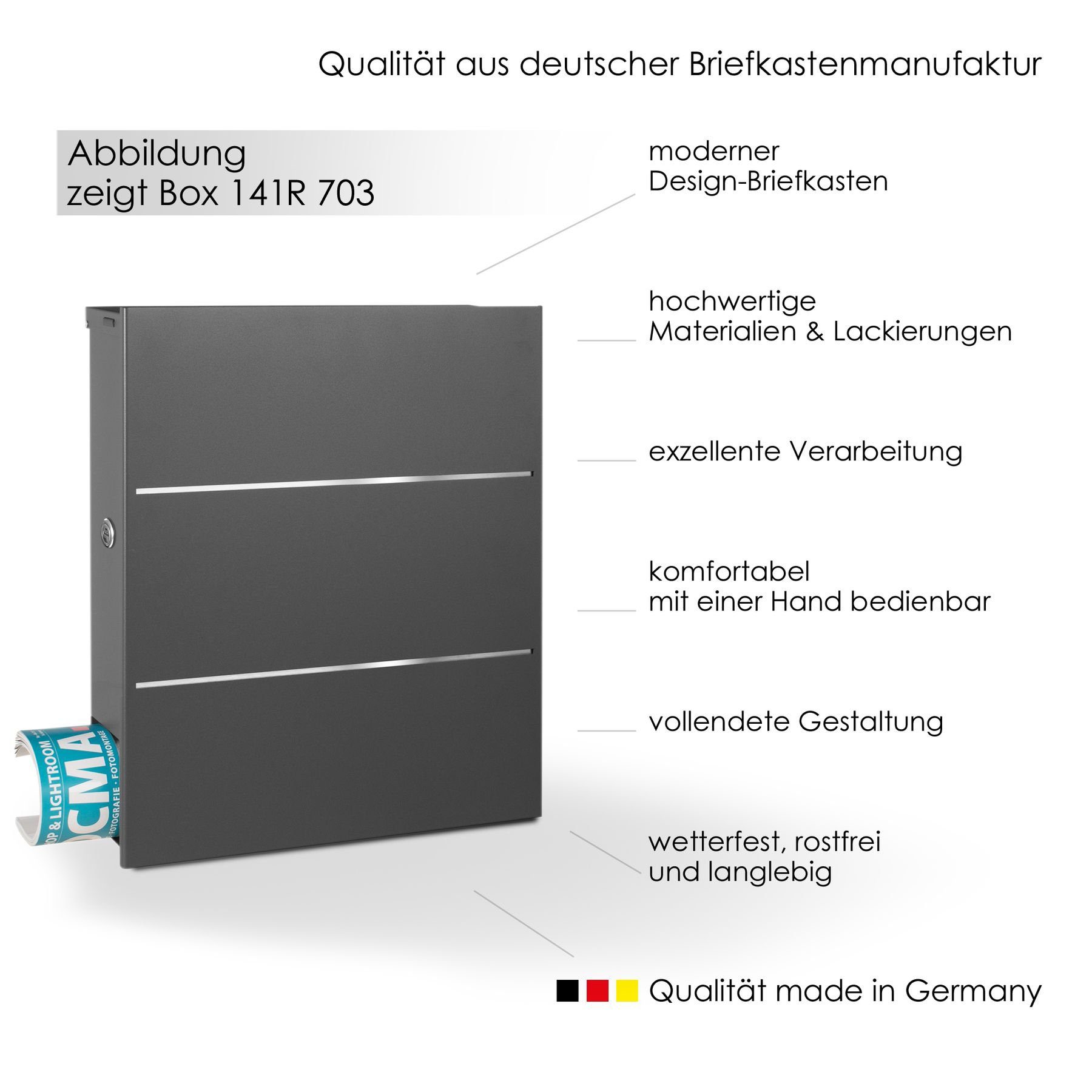MOCAVI Briefkasten MOCAVI Box 141R Design-Briefkasten mit Zeitungsfach grau-eisenglimmer (DB 703) mit Edelstahl-Detail, integriert, passender Verschluss (zusätzlich bestellbar) für Wetterseite, beidseitig nutzbar: Box Vers 1 VA