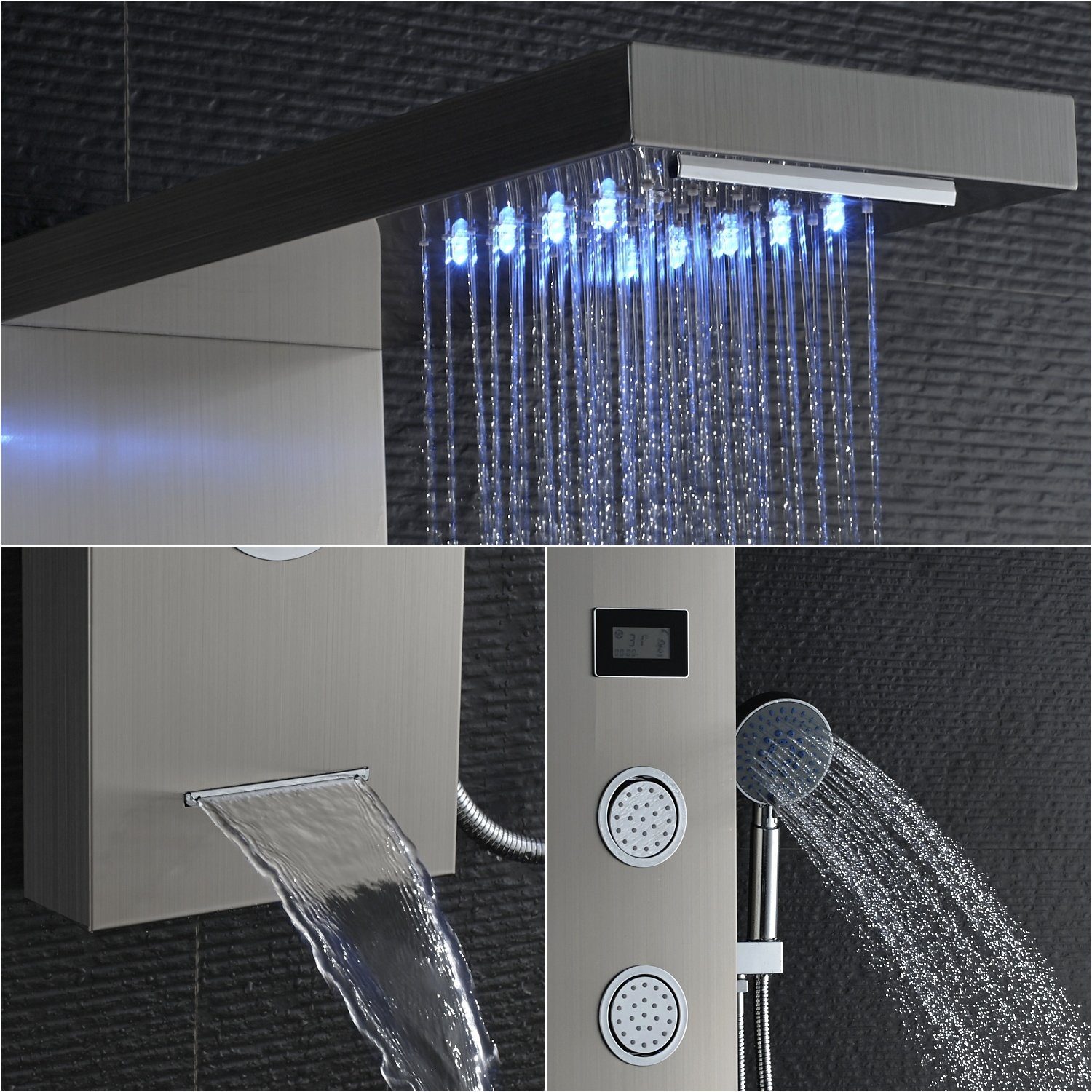 Auralum Duschsystem 5-Funktion LED Duschpaneel Badezimmer mit Dusch Duschsäule Handbrause, Edelstahl Duschset, Wassertemperatur-Display