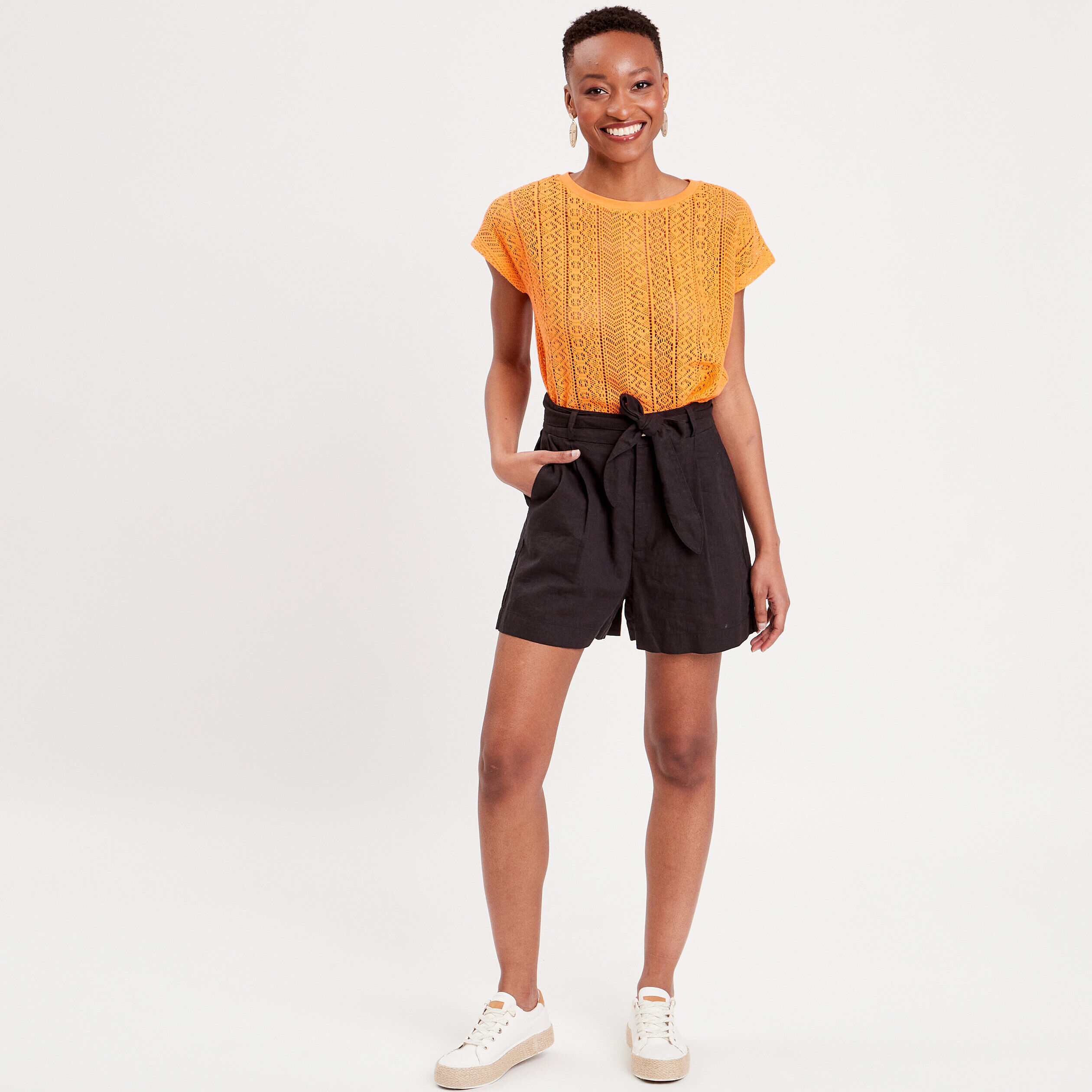 T-shirt manches courtes ajouré orange femme | Cache Cache