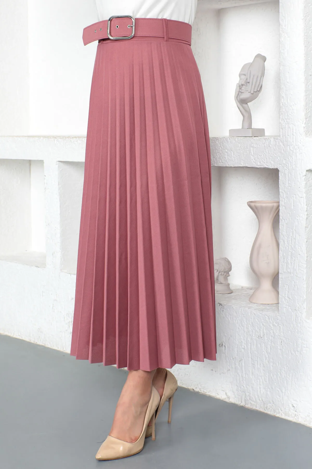 Tesettür Dünyası  Faltenrock mit Gürtel Tsd230113 Dusty Rose