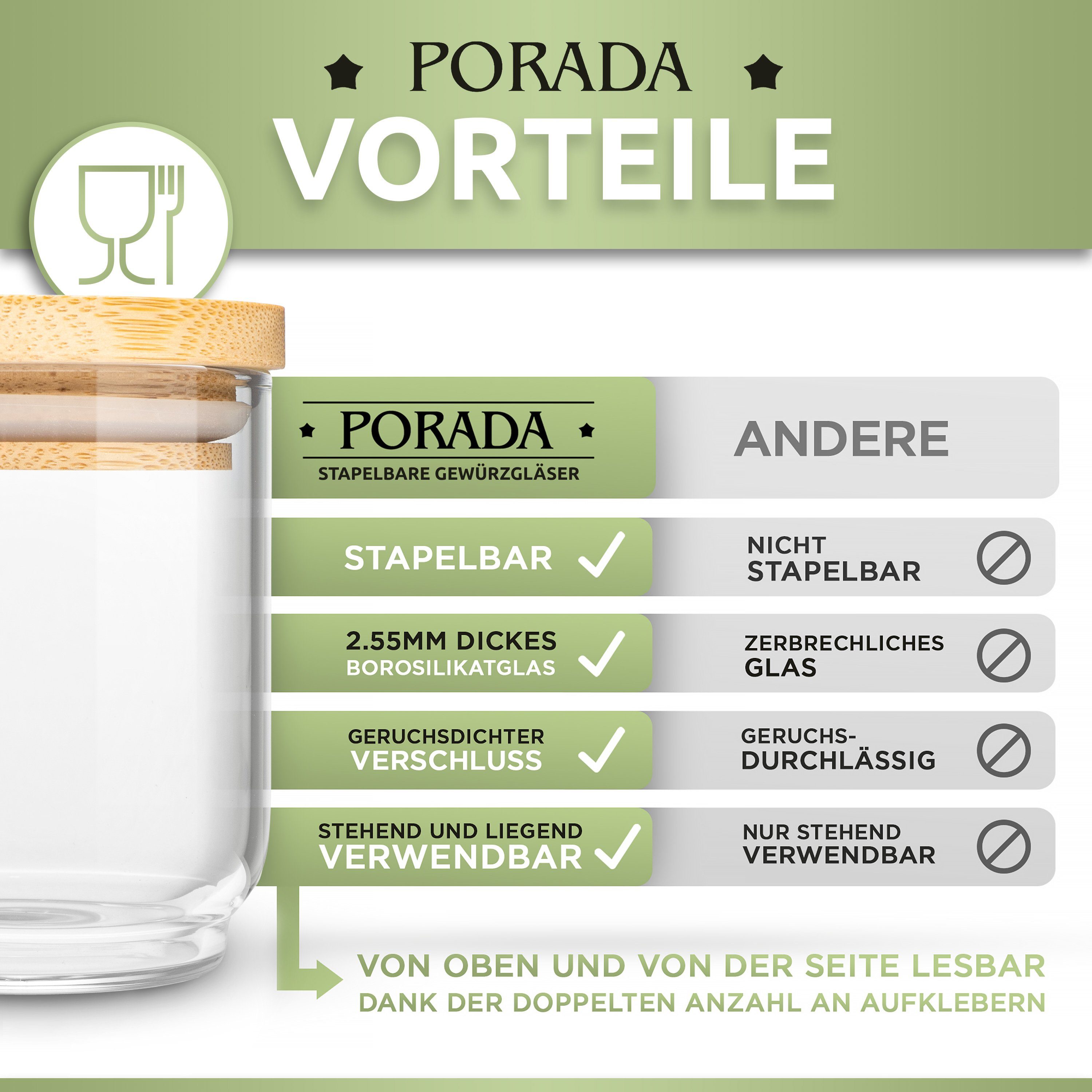 PORADA Gewürzbehälter Set 150ml stapelbare Gewürzgläser Glasbehälter Bambus Deckel, (Set, 12-tlg., Set), Handarbeit, platzsparend, stapelbar, Bambusdeckel