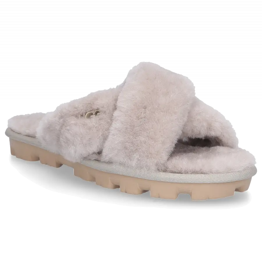 UGG - Hausschuhe FUZZETE Lammfell Logo weiß - grau