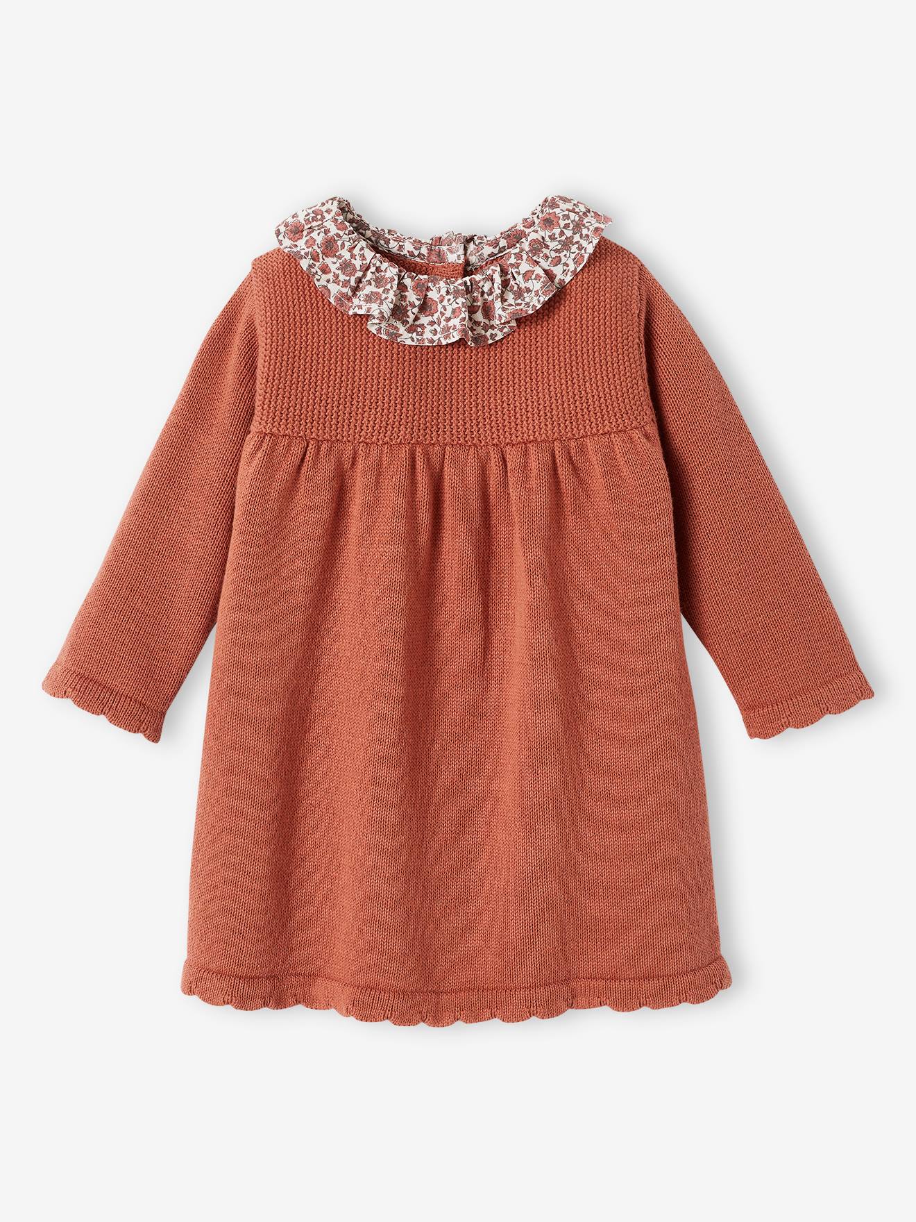 Robe en tricot bébé col en tissu fleuri rouille