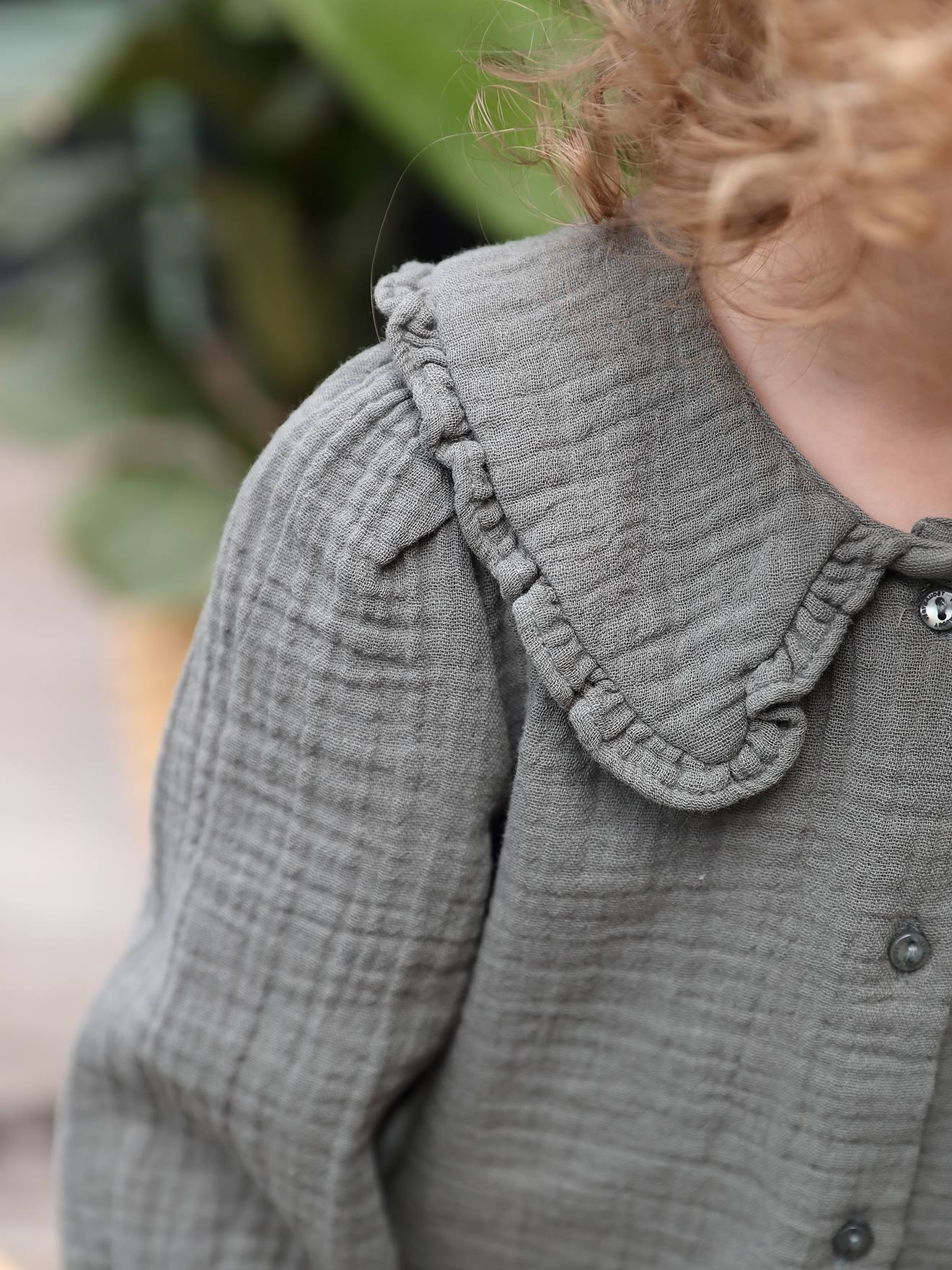 Blouse en gaze de coton bébé col fantaisie kaki