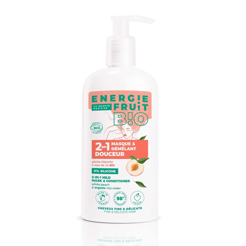 energie fruit PECHE & EAU DE RIZ | CHEVEUX DELICATS Masque + Après shampooing 2 en 1 sans silicone Certifié BIO